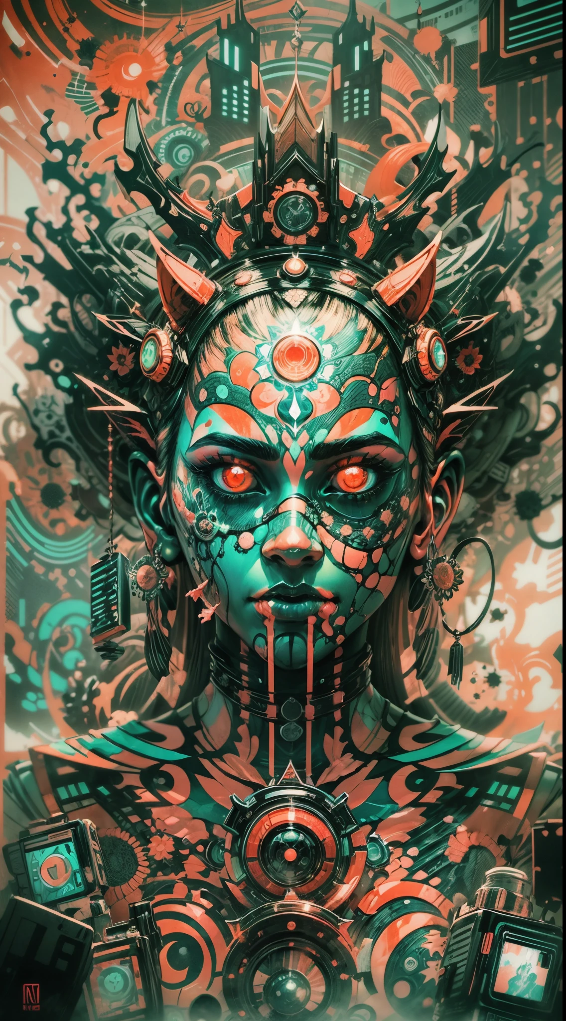 Explosive, otherworldly painting of a shape-shifting deity adorned with chaotic rock and roll motifs and omnipresent, piercing eyes, a breathtaking amalgamation of fine art and captivating photo collage, mesmerizing poster design:: their appearance exuded the enigmatic allure of cyberpunk  minimalism fused with cosmic chaos:: --ar 9:16 --s 963 --c 9  --q 2  --v 5