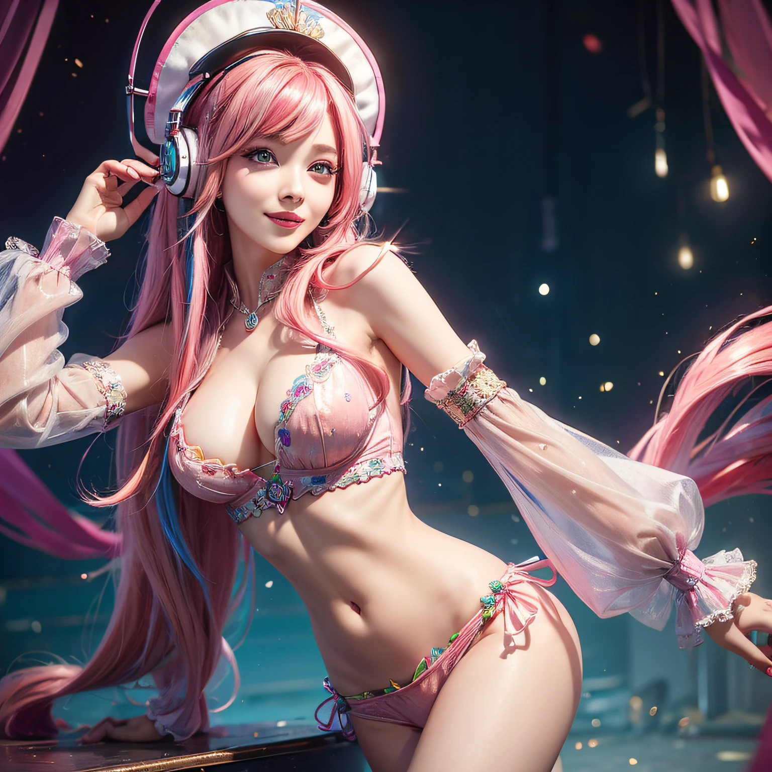 (masterpiece, best quality:1.2), intricate details, arcade miss fortune, 1girl, cleavage, detached sleeves, hat, headphones, pink hair, multicolored hair, navel, makeup, light smile