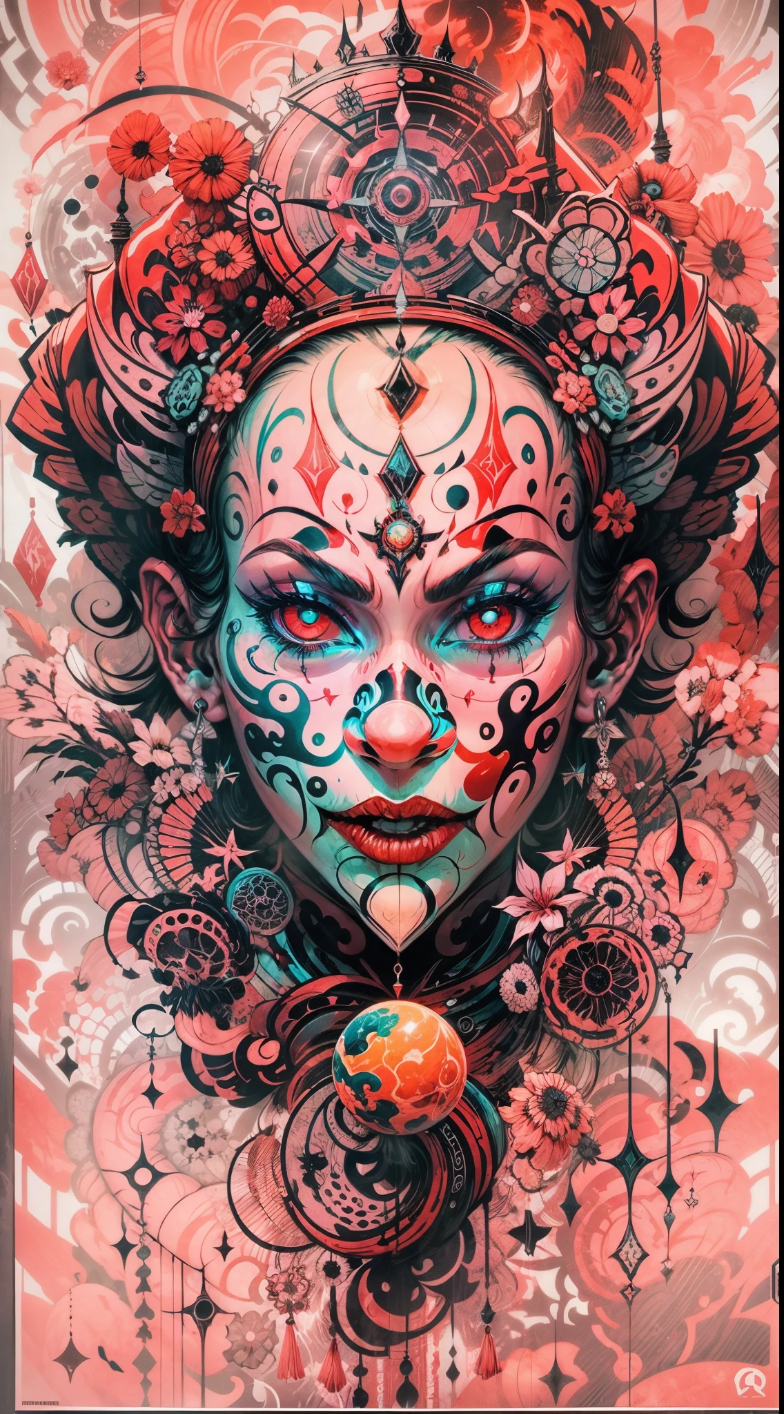 Woman, long dark purple hair, red eyes with a bright light, black long dress, witch, silver jewelry in the shape of ribs, metal mask on half of the face, snake tattoo, dark background, black lipstick