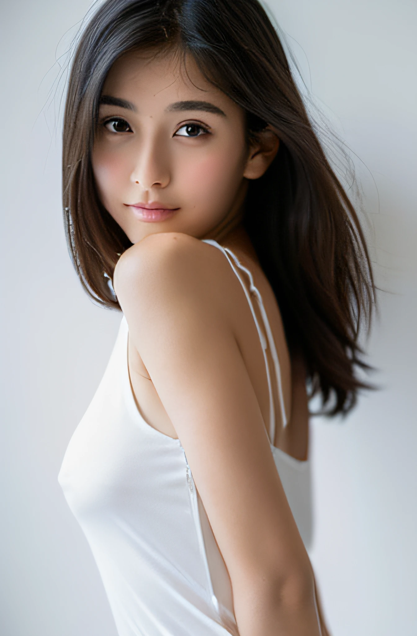 1 girl in、full body Esbian、A dark-haired、The long-haired、Huge breasts, cleavage、Shoulders exposed、(White tank top), (Loose fit), (White panties), (delicate illustration:1.4)、(masterpiece:1.0)、(top-quality:1.4)、(超A high resolution:1.2)、(Photorealsitic:1.4)、(8K、Raw photography:1.2)、(softfocus:1.4)、( student:1.3)、(foco nítido:1.4)、Beautiful Fine Face, full body Esbian, frontage,Indian style, A slight smil,Bright interior