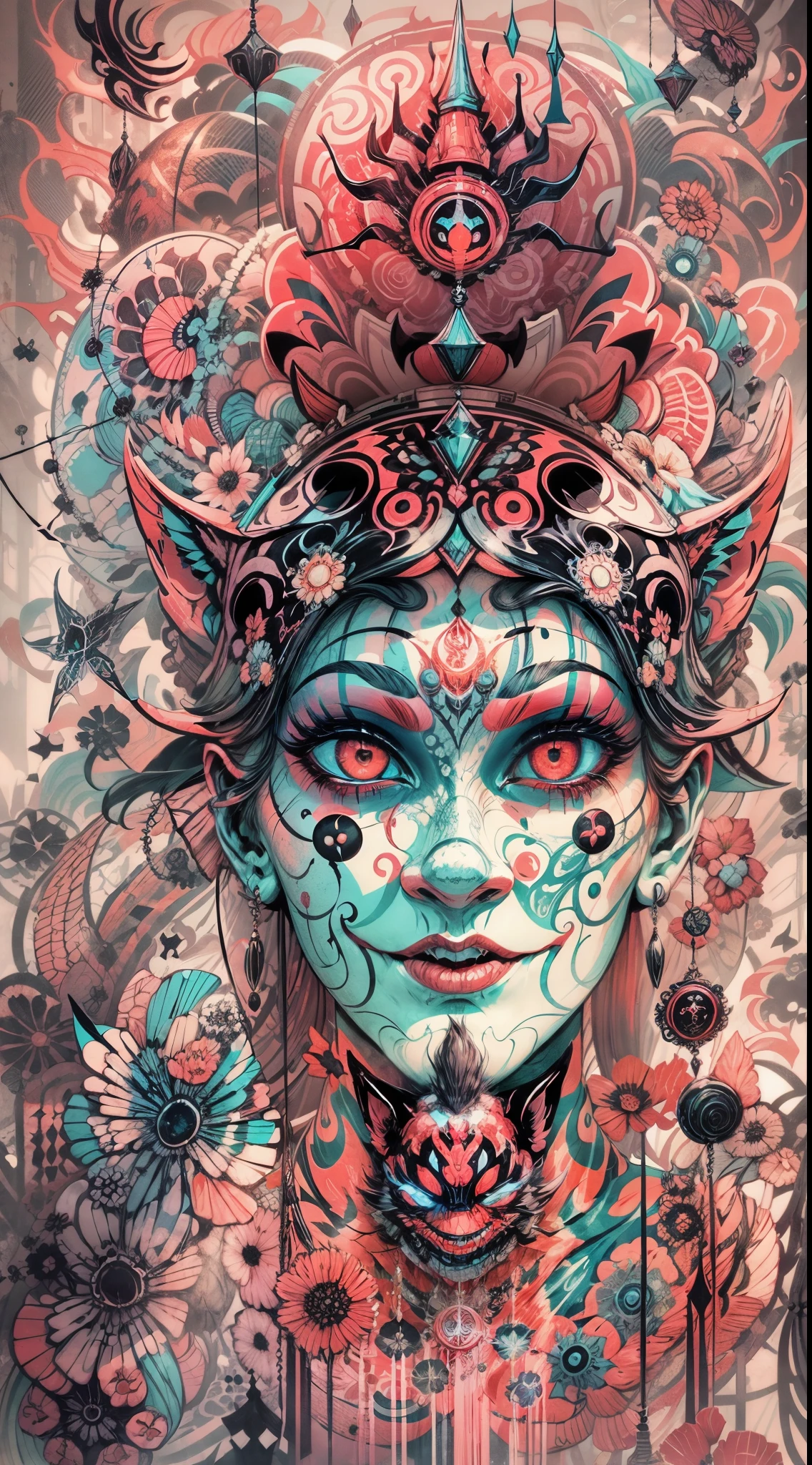 Explosive, otherworldly painting of a shape-shifting deity adorned with IT motifs and omnipresent, piercing eyes, a breathtaking amalgamation of fine art and captivating photo collage, mesmerizing poster design:: their appearance exuded the enigmatic allure of Horror fic clown minimalism fused with cosmic chaos:: --ar 9:16 --s 963 --c 9 --q 2 --v 5