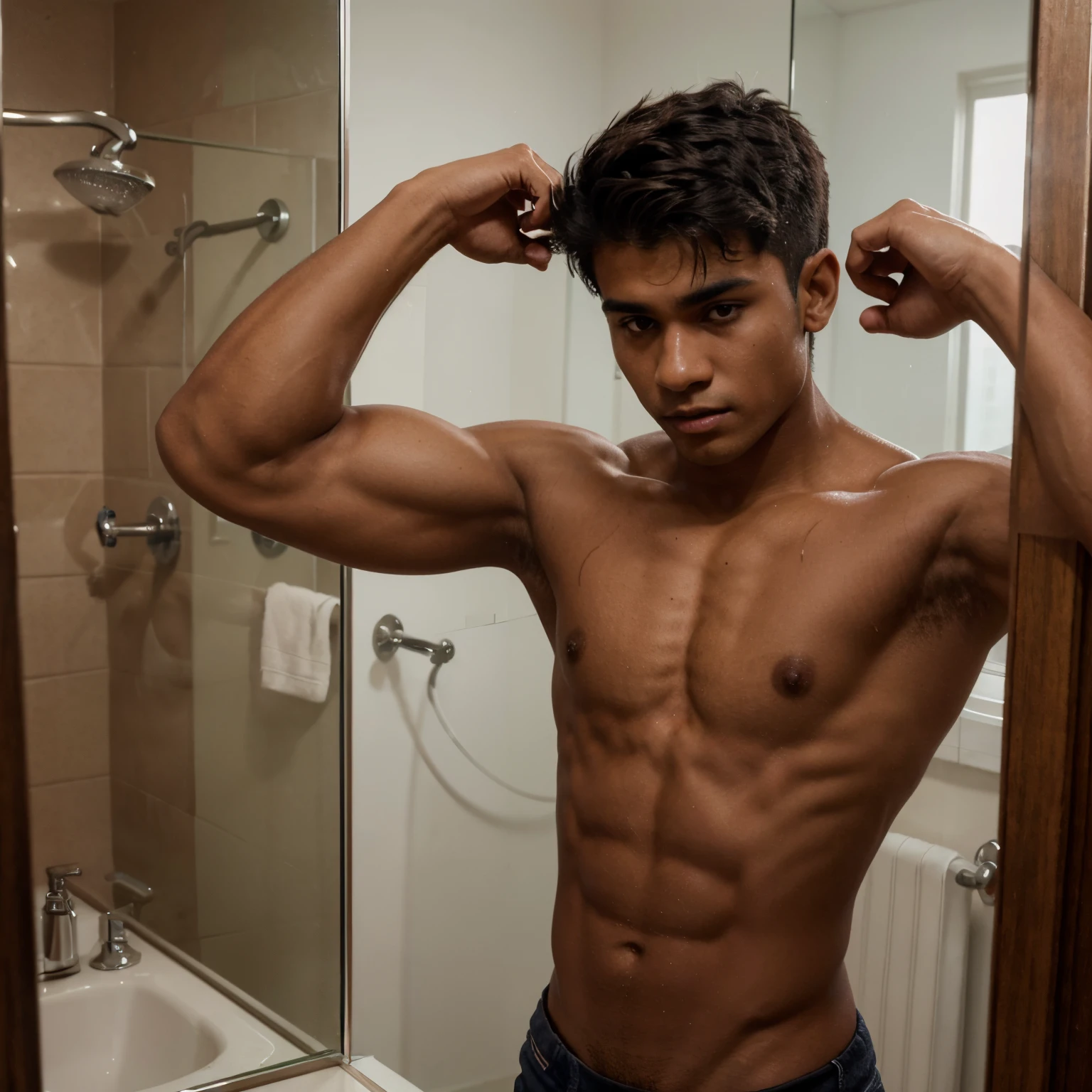 A realistic 4K image of a shirtless brown  boy with a black, messy long haired wolf cut, defined jawline, and a lean muscular physique and defined abs in the mirror