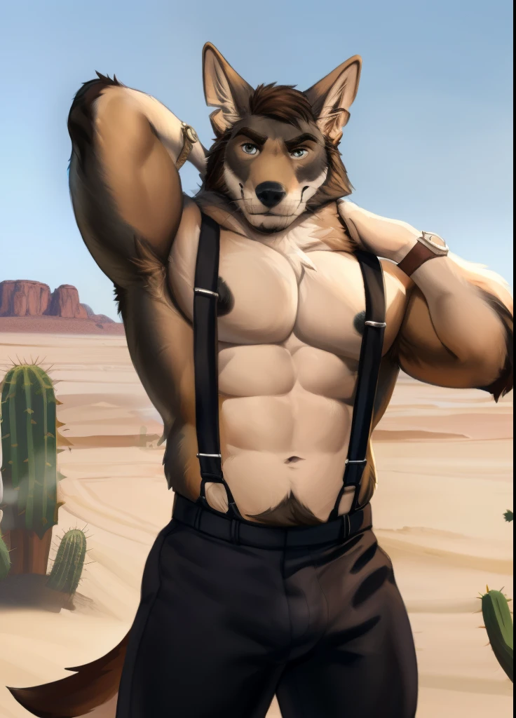 william adler, solo, mature male, bara, muscular male, wolf tail, (pose:1.3), (posing:1.3), (soft shading), 4k, hi res, ((detailed face, detailed eyes, detailed)), (full body), by zackarry911, by zaush, (by personalami:0.5), looking at viewer, 1boy, male focus, thighs, shirtless,  black nipples, pants, thick thighs, black pants, suspenders, sleeves rolled up, watch, wristwatch, smile, desert, cactus, wristwatch on left hand, arms behind head, detailed bulge