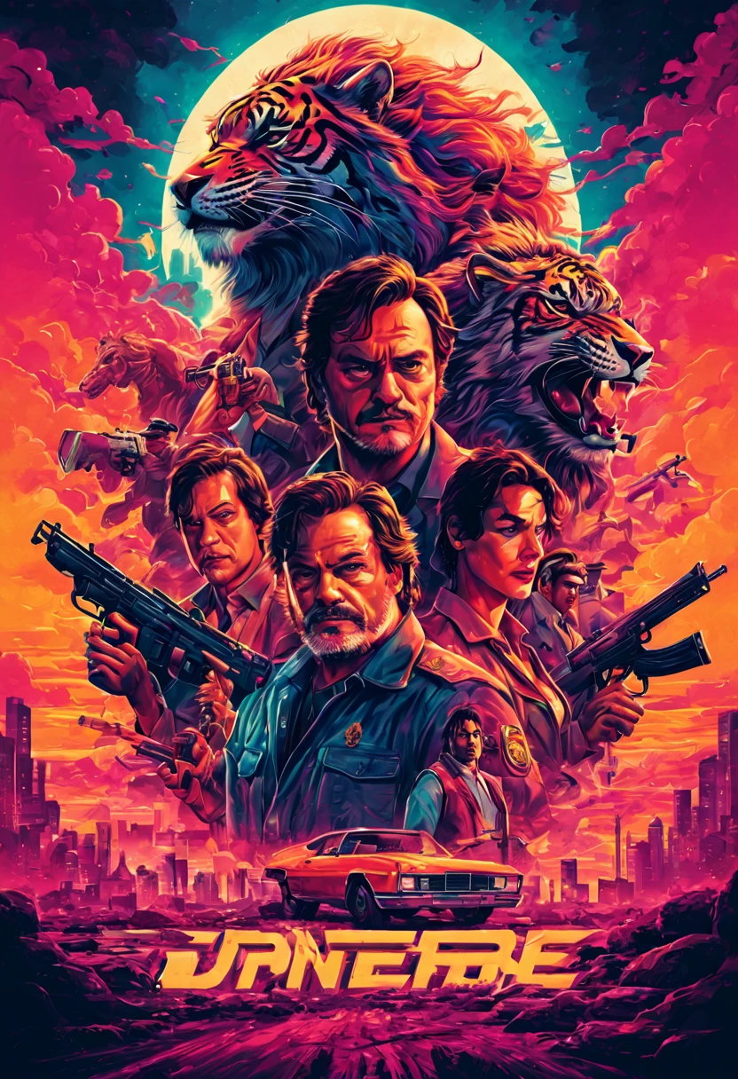 Tiger, tarantino style film cover, film poster,retro,gritty,grindhouse,cult classic,eccentric characters,dark humor,neon lights,vibrant colors,twisted narrative,plot twists,action-packed,stylized violence,larger-than-life,80s vibe,gritty textures,film grain,hand-drawn,edgy,iconic imagery,catchy tagline,dynamic composition,impressive illustrations,eye-catching design,unique typography,intense atmosphere, Enhance, intricate, (best quality, masterpiece, Representative work, official art, Professional, unity 8k wallpaper:1.3)