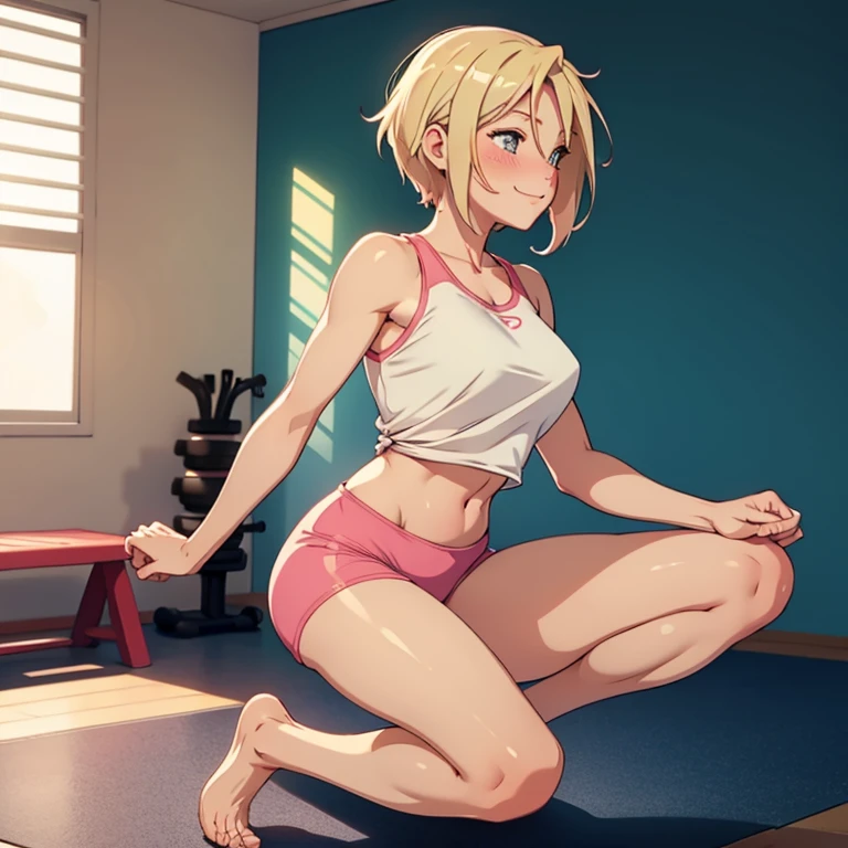 A fullbody image of a beautiful barefoot happy blushing blonde woman wearing short workout clothes.