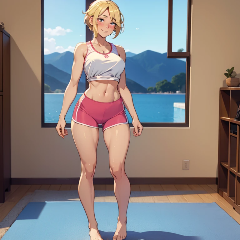 A fullbody image of a beautiful barefoot  happy blushing blonde woman wearing short workout clothes.