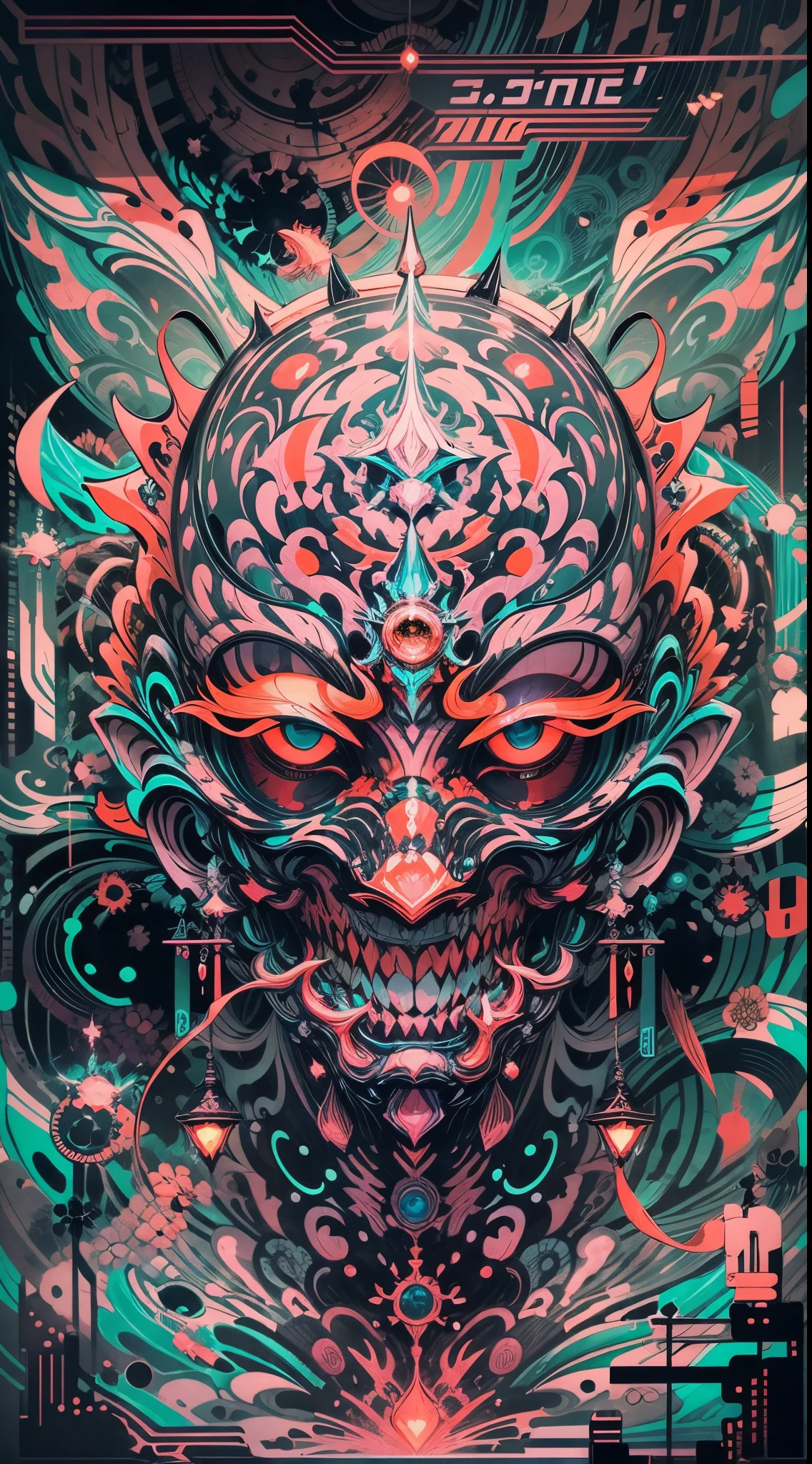 Explosive, otherworldly painting of a shape-shifting deity adorned with chaotic rock and roll motifs and omnipresent, piercing eyes, a breathtaking amalgamation of fine art and captivating photo collage, mesmerizing poster design:: their appearance exuded the enigmatic allure of cyberpunk minimalism fused with cosmic chaos:: --ar 9:16 --s 963 --c 9 --q 2 --v 5