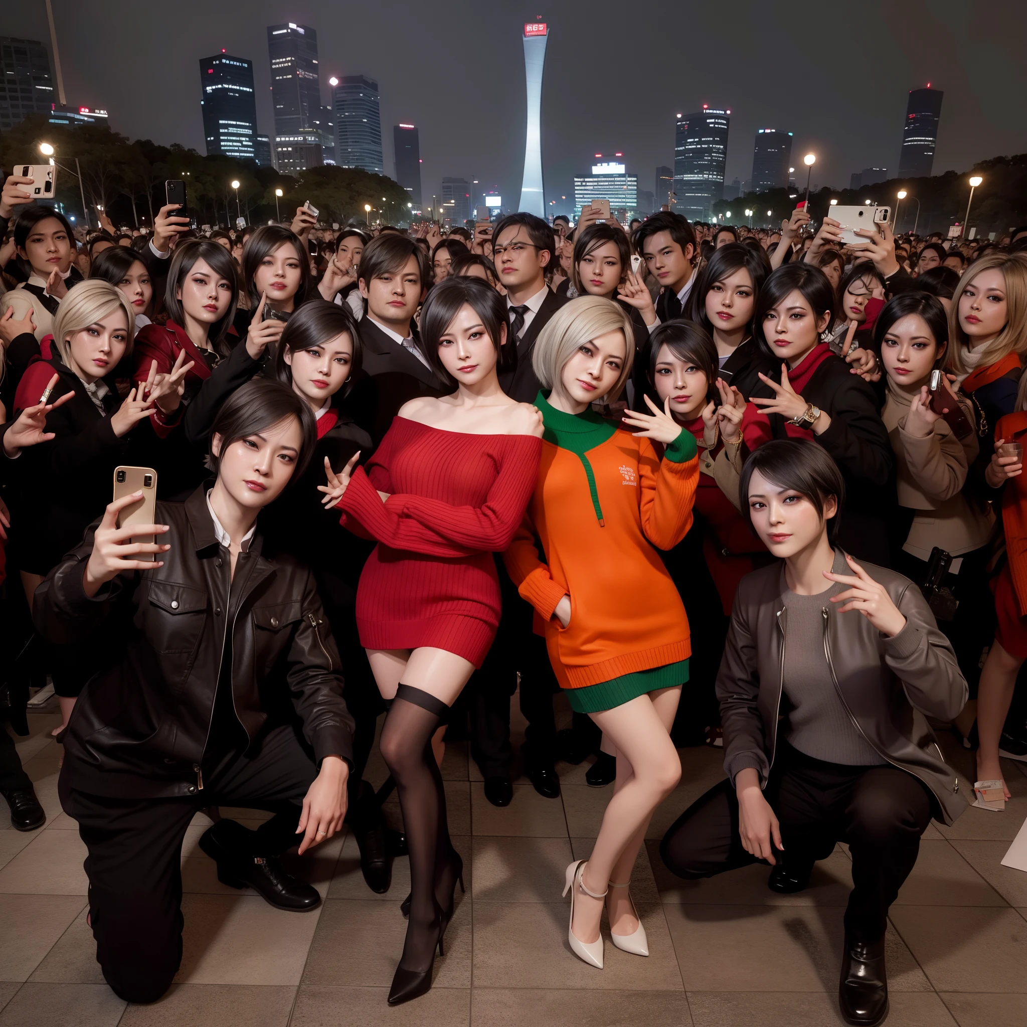 Ada wong, standing gracefully, selfie style, stylish hand, mini red dress sweater, smile