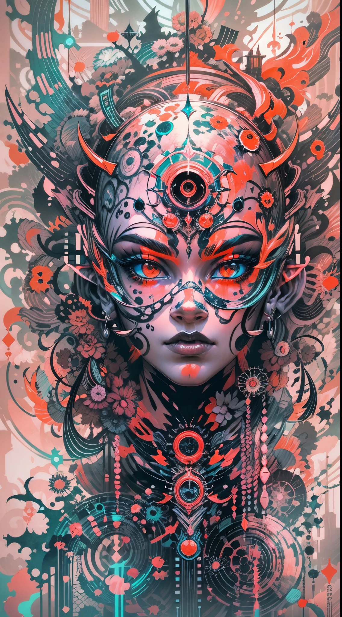 Explosive, otherworldly painting of a shape-shifting deity adorned with chaotic rock and roll motifs and omnipresent, piercing eyes, a breathtaking amalgamation of fine art and captivating photo collage, mesmerizing poster design:: their appearance exuded the enigmatic allure of cyberpunk minimalism fused with cosmic chaos:: --ar 9:16 --s 963 --c 9 --q 2 --v 5