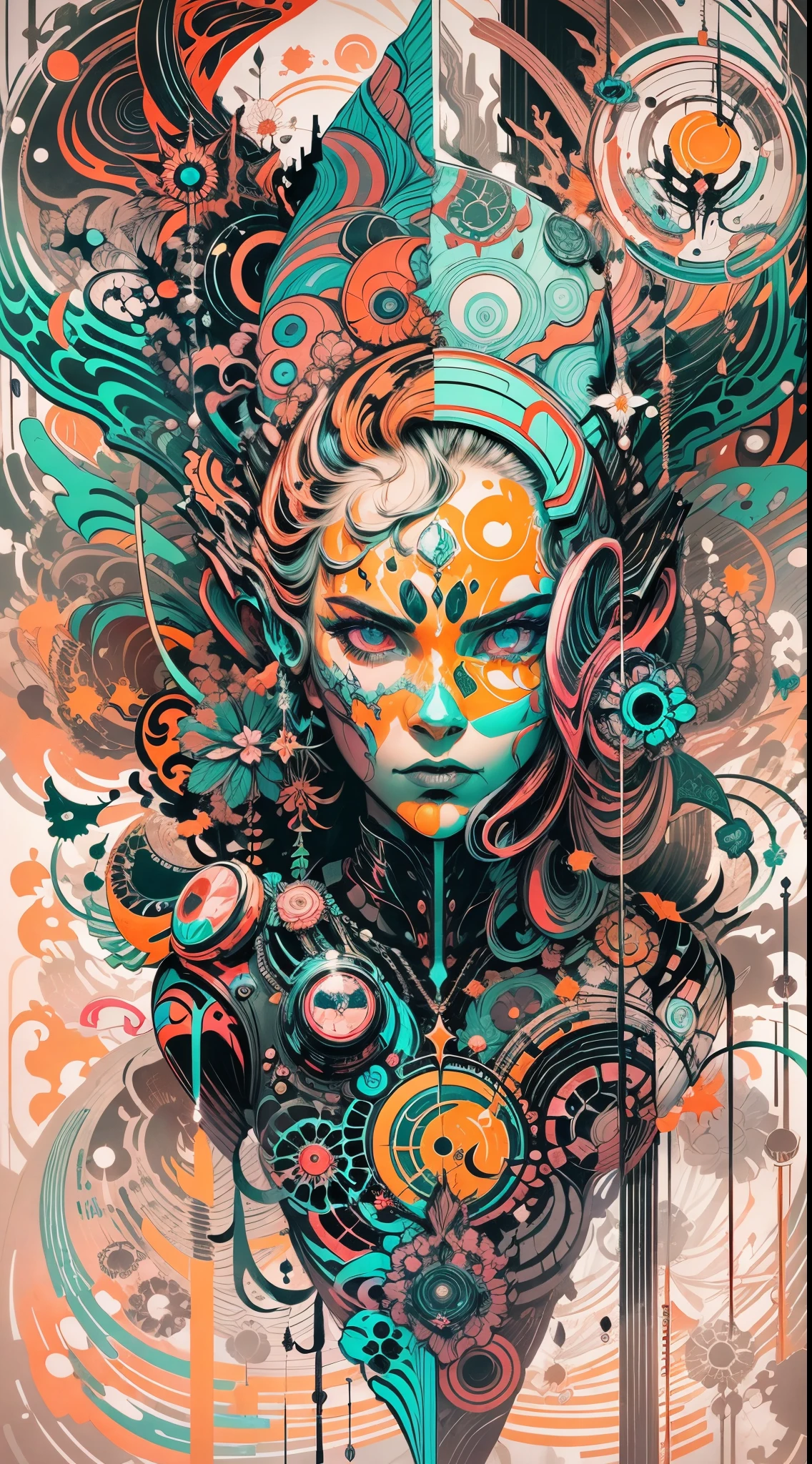 Explosive, otherworldly painting of a shape-shifting deity adorned with chaotic rock and roll motifs and omnipresent, piercing eyes, a breathtaking amalgamation of fine art and captivating photo collage, mesmerizing poster design:: their appearance exuded the enigmatic allure of cyberpunk  minimalism fused with cosmic chaos:: --ar 9:16 --s 963 --c 9  --q 2  --v 5