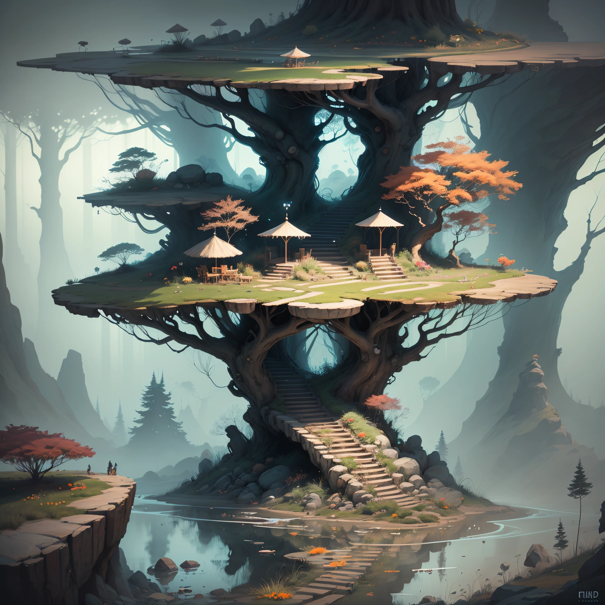 there's a big rock in the middle of the lake, floating trees, Floating magic stones, Underwater Mushroom Forest, floating runes, Slime mold in a forest environment, floating mountains, Floating Rocks, fantasy style 8 k octane render, (Rendentasi style octane number, daily render, Floating objects, Disputes, floating in the air, inspired by Filip Hodas --auto --s2
