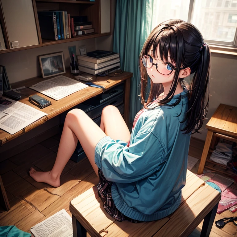 withdrawn girl,Misaligned glasses,Unkempt hairstyle,Oversized clothing,messy room,Sit down and look back