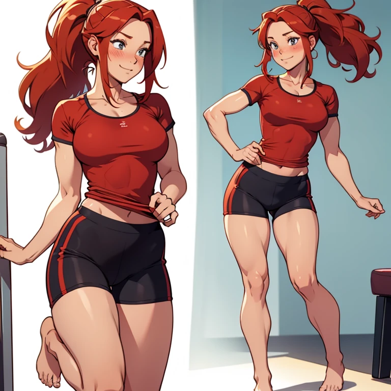 A fullbody image of a beautiful barefoot happy blushing redhaired woman wearing short workout clothes.