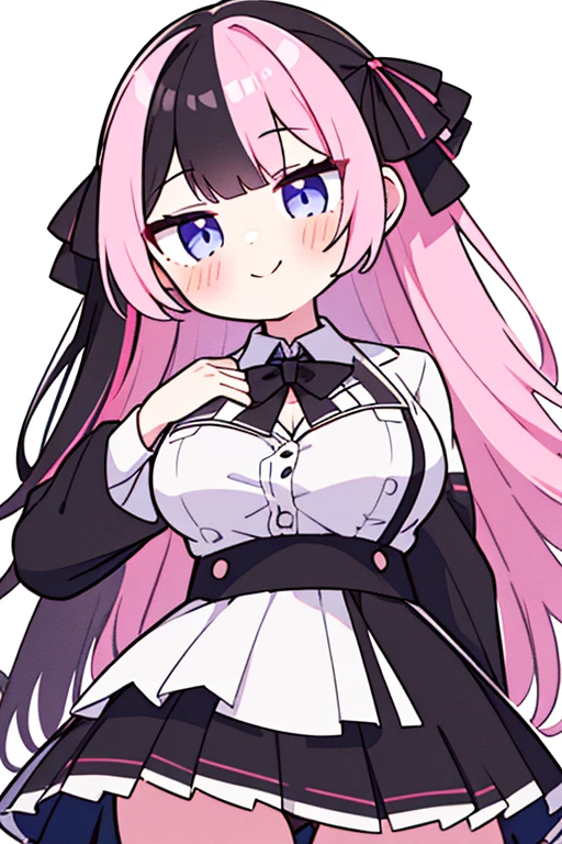 TachibanaHinano, Long hair, (split-colored hair, Black hair, Pink hair:1.3), Blue eyes, bow ribbon , White shirt, (Black bra), Pleated skirt, Miniskirt, (Best Quality, 8K, 32K, masutepiece, nffsw:1.3), 1girl in, (Abs, Slender figure, Perfect body :1.2), ((Very detailed)), (Perfectly detailed face), (Highly detailed hands), Smile, blush, White panty,up skirt,Lace panties, Girl seen from the floor, It's okay to wear a skirt, View from below, I can see my panties, cleavage cutout, Large breasts, White background,