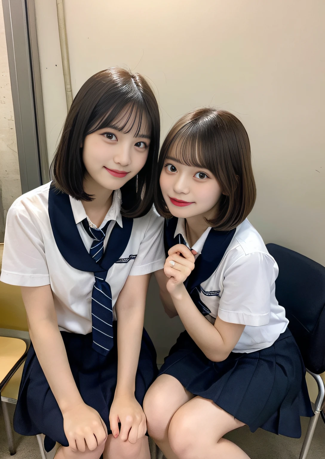 Female duo、finely detail, hight resolution, hightquality、Bob Layer Cut、Perfect dynamic composition, Beautiful detailed eyes, Bob Layer Cut、From Verase、From below、From below、school classrooms、Sit in a chair、long legged、despise、Looking at the camera、Random Poses、Natural Color Lip, 23years old、two individuals、shipping、Transparent skin、School Uniforms、I have a pick in my hand、Glowing hair、Inside the school、Fashionable clothes、Shibuya、Gelato Pique、a room、friend with beautiful legs、Shake your head、Laugh、A smile