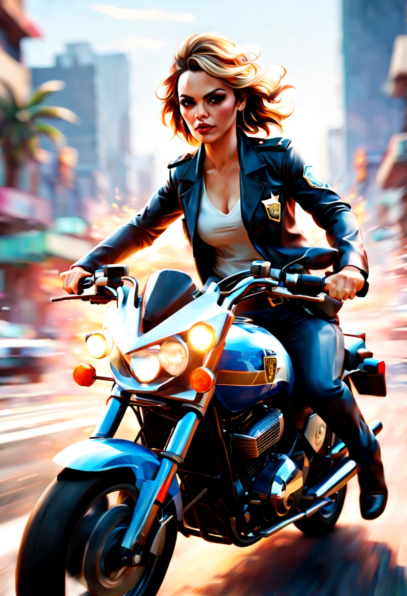 (GTA art, gtav style:1.2), A girl riding a motorcycle, police car, (motion blur:1.4), wind, enhance, intricate, (best quality, masterpiece, Representative work, official art, Professional, unity 8k wallpaper:1.3)