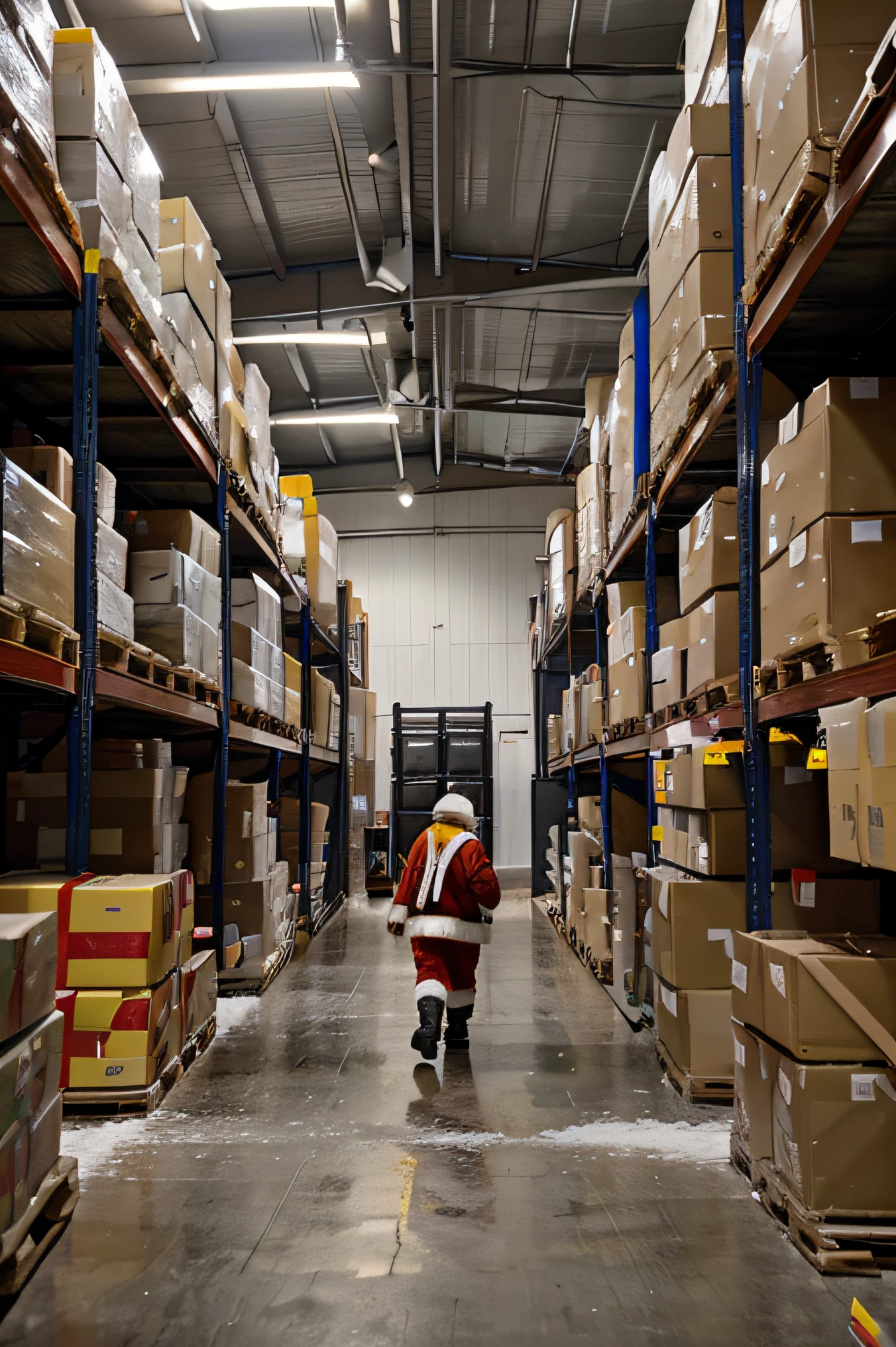 A santa claus walk away in a warehouse, forklifts are empty, working helmets on the floor, employees seems on a holiday, racks are filled with gifts, racks are covered by yellow Led String, some places there are snow