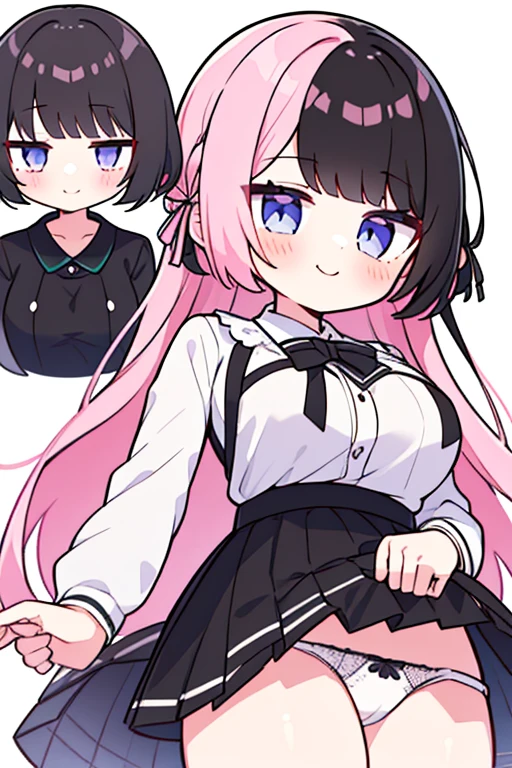 TachibanaHinano, Long hair, (split-colored hair, Black hair, Pink hair:1.3), Blue eyes, bow ribbon , White shirt, (Black bra), Pleated skirt, Miniskirt, (Best Quality, 8K, 32K, masutepiece, nffsw:1.3), 1girl in, (Abs, Slender figure, Perfect body :1.2), ((Very detailed)), (Perfectly detailed face), (Highly detailed hands), Smile, blush, White panty,up skirt,Lace panties, Girl seen from the floor, It's okay to wear a skirt, View from below, I can see my panties, cleavage cutout, Large breasts, White background,