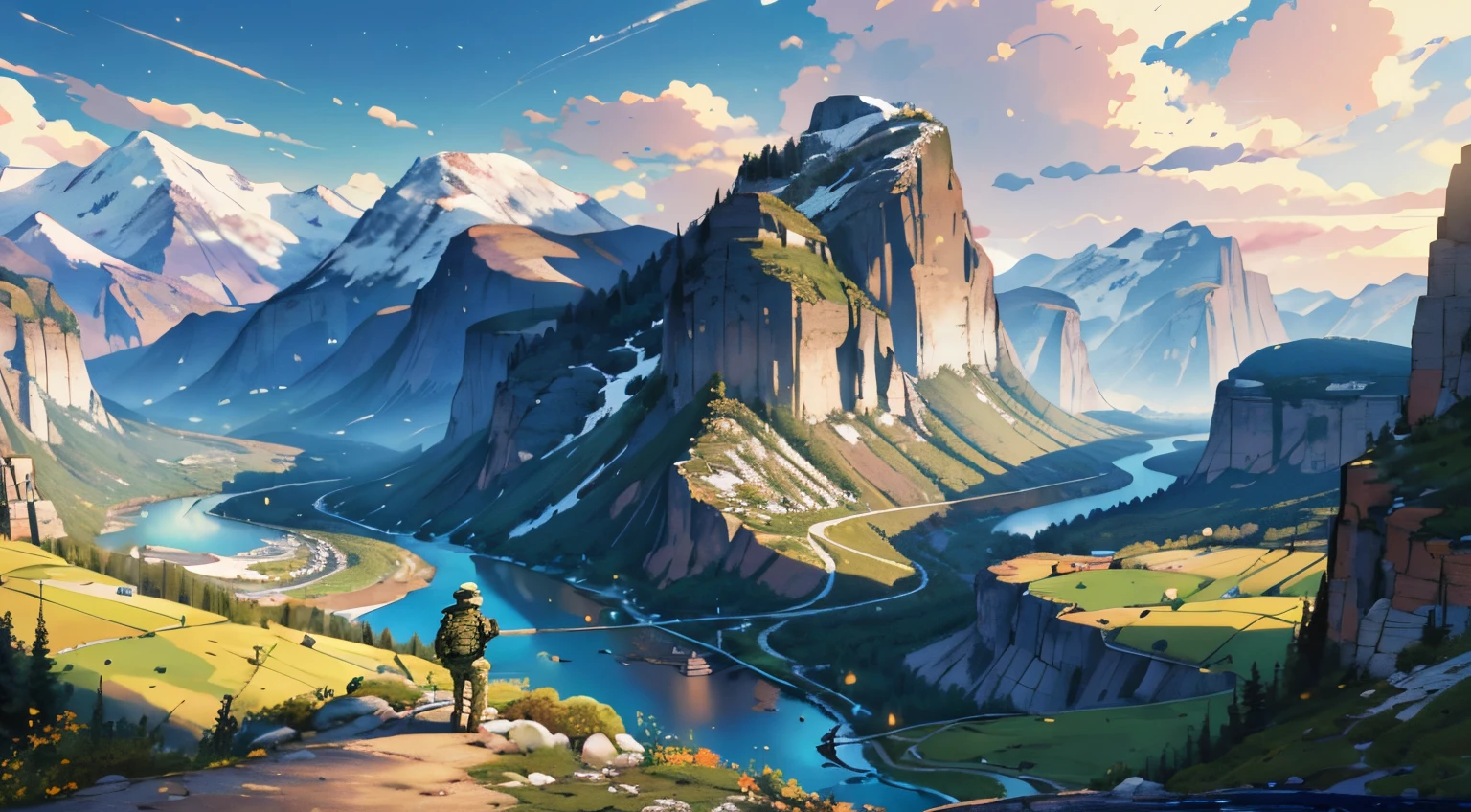 A soldier carrying a bag，Looking at the mountains in the distance，river valley，a winding road，Super detailed illustration of city in the distance, The landscape, (Full body lesbian), (posterior view), (high detal), incredible high details, highly detailed environments, Illustrator, Greg Rutkoski (Greg Rutkoski) Creative artwork.