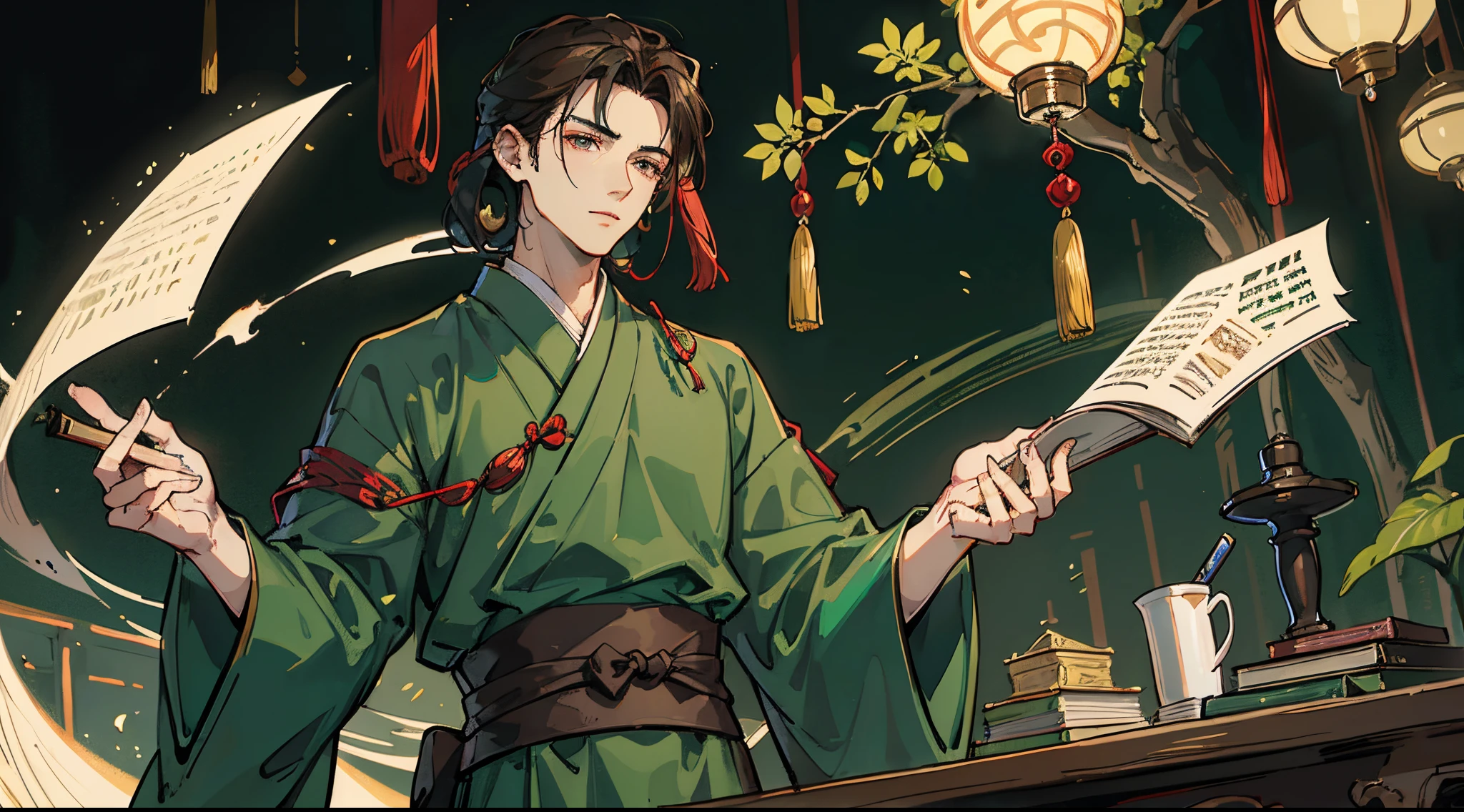 ​masterpiece，Need，a handsome young man，serious，Short brunette hair，Wearing dark green Hanfu，Delicate face，Handsome face and smooth fair skin，Handsome guy in ancient China，Reading，Sit at your desk，Ink painting style。