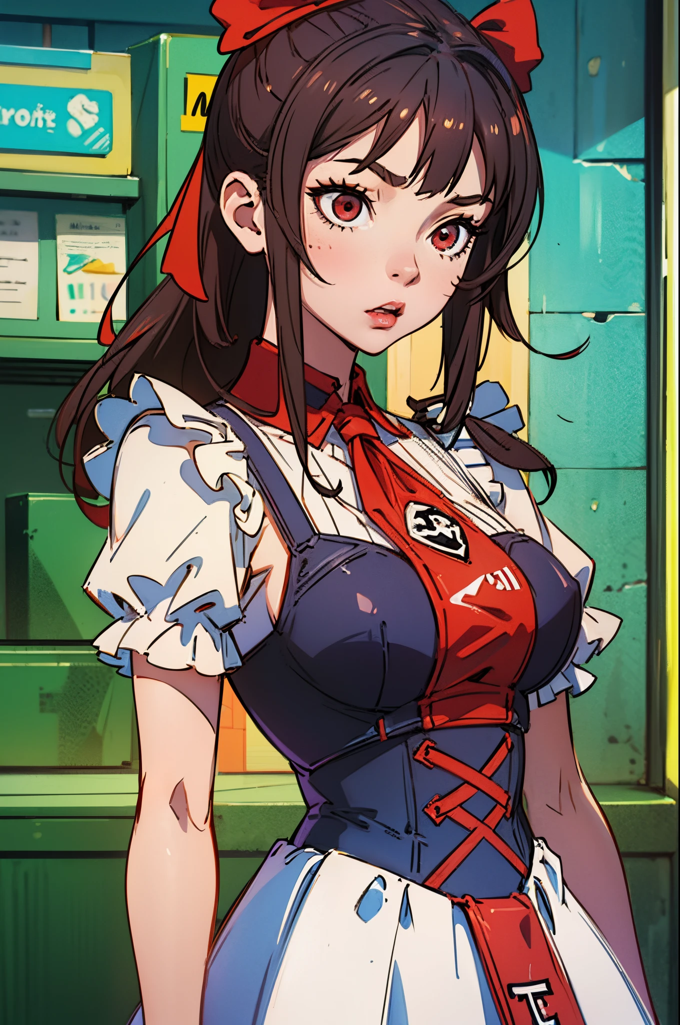 Anime woman with black hair, red highlights, red eyes, wearing a maid outfit, cafe background. --auto --s2
