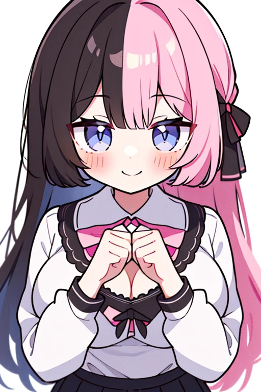 TachibanaHinano, Long hair, (split-colored hair, Black hair, Pink hair:1.3), Blue eyes, bow ribbon , White shirt, (Black bra), Pleated skirt, Miniskirt, (Best Quality, 8K, 32K, masutepiece, nffsw:1.3), 1girl in, (Abs, Slender figure, Perfect body :1.2), ((Very detailed)), (Perfectly detailed face), (Highly detailed hands), Smile, blush, White panty,up skirt,Lace panties, Girl seen from the floor, It's okay to wear a skirt, View from below, I can see my panties, cleavage cutout, Large breasts, White background,