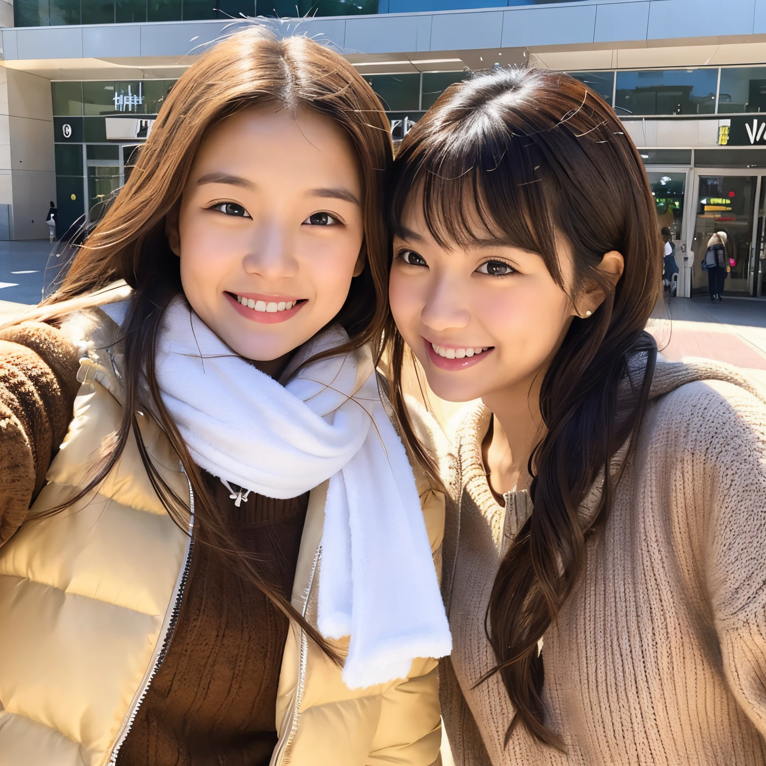 Two cute Disney Pixar girls。Taking a selfie at a shopping center。Only the upper bodies are shown, and both of them are winking with their hands on their right cheeks.。The girl on the left has medium blonde hair and is wearing a white down jacket with fur around her neck.。The girl on the right has long brown hair and is wearing a brown sweater and a white scarf.。