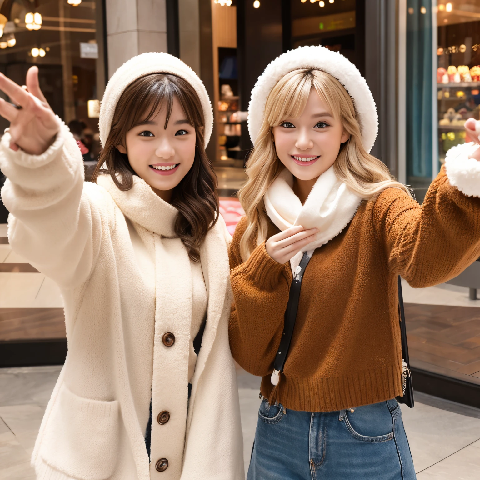 Two cute Disney Pixar girls。Taking a selfie at a shopping center。Only the upper bodies are shown, and both of them are winking with their hands on their right cheeks.。The girl on the left has medium blonde hair and is wearing a white down jacket with fur around her neck.。The girl on the right has long brown hair and is wearing a brown sweater and a white scarf.。