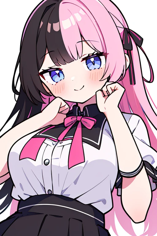 TachibanaHinano, Long hair, (split-colored hair, Black hair, Pink hair:1.3), Blue eyes, bow ribbon , White shirt, (Black bra), Pleated skirt, Miniskirt, (Best Quality, 8K, 32K, masutepiece, nffsw:1.3), 1girl in, (Abs, Slender figure, Perfect body :1.2), ((Very detailed)), (Perfectly detailed face), (Highly detailed hands), Smile, blush, White panty,up skirt,Lace panties, Girl seen from the floor, It's okay to wear a skirt, View from below, I can see my panties, cleavage cutout, Large breasts, White background,