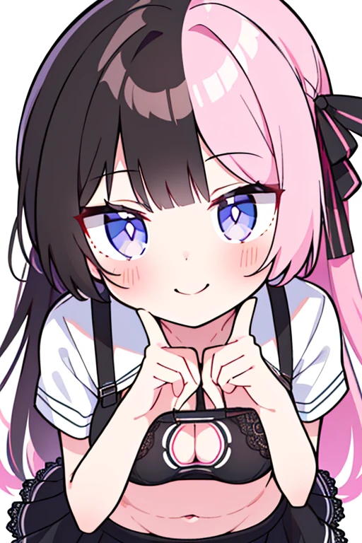 TachibanaHinano, Long hair, (split-colored hair, Black hair, Pink hair:1.3), Blue eyes, bow ribbon , White shirt, (Black bra), Pleated skirt, Miniskirt, (Best Quality, 8K, 32K, masutepiece, nffsw:1.3), 1girl in, (Abs, Slender figure, Perfect body :1.2), ((Very detailed)), (Perfectly detailed face), (Highly detailed hands), Smile, blush, White panty,up skirt,Lace panties, Girl seen from the floor, It's okay to wear a skirt, View from below, I can see my panties, cleavage cutout, Large breasts, White background,