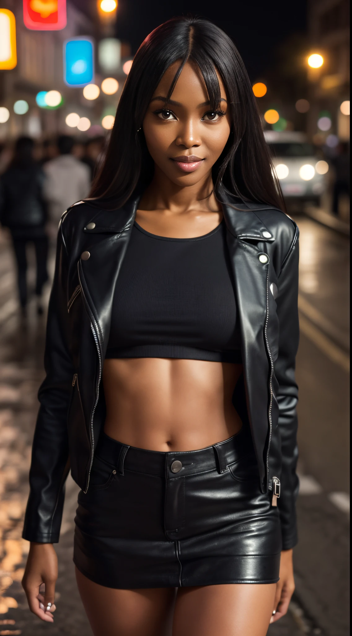 Foto hiperrealista en primer plano de Naomi Campbell, masterpiece, best quality, (photorealistic:1.4), full body, (black biker jacket over black crop top:1.1), (black leather mini skirt:1.2) night street after rain, neons, cinematic light, beautiful woman, skinny, medium breasts, black long hair, detailed face, smile, facing the camera, photo taken from a distance, of 14