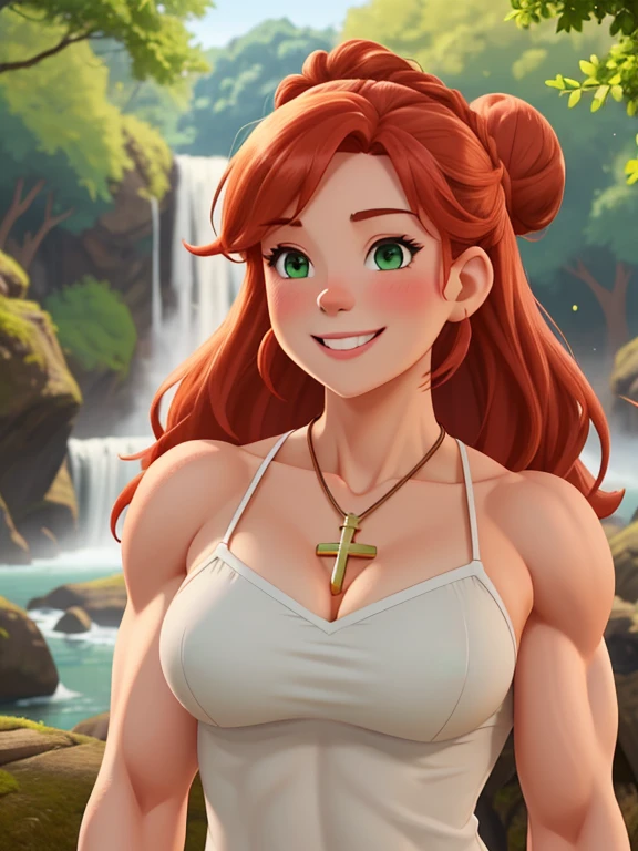 attractive welsh woman, ripped muscle, muscular body, pale skin, smile(blush), chemise, cross pendant, sixpack abs, [ultra detailed skin:1.2], ginger hair, green eyes, hair bun, 8k uhd, full body, crowd, public, forest, waterfall, standing,