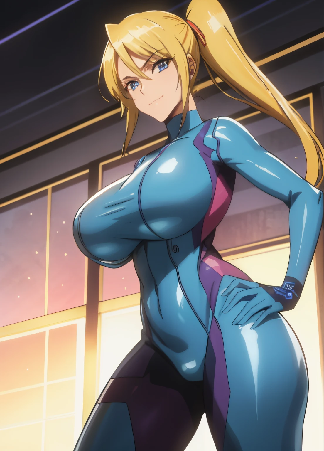 samus aran, ponytail, hair tie, blue glovelue bodysuit)), high heelasterpiece, best quality:1.4), (modern days), (cowboy shot), 1girl, solo, pov, stunning girlfriend, (standing:1.1), dynamic pose, heart shaped face, elegant face, beautiful face, highly detailed face, highly detailed skin,   huge breast, smug smile, looking at viewer,16k hdr,hands on hips, curvy, hands under breasts,