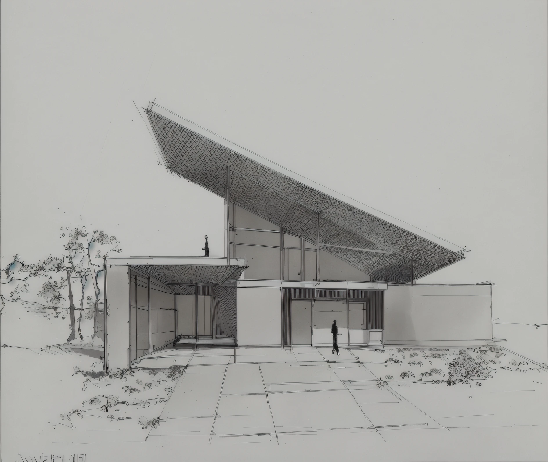 sketches of a house with a solar roof and a man standing outside, architectural sketch, architectural concepts, pen sketch, ink pen sketch, architectural illustration, architecture drawing, drawing architecture, in style of norman foster, architectural concept, monochrome drawing, japanese villa syd mead, by Warren Mahy, a sketch, by Karel Stech