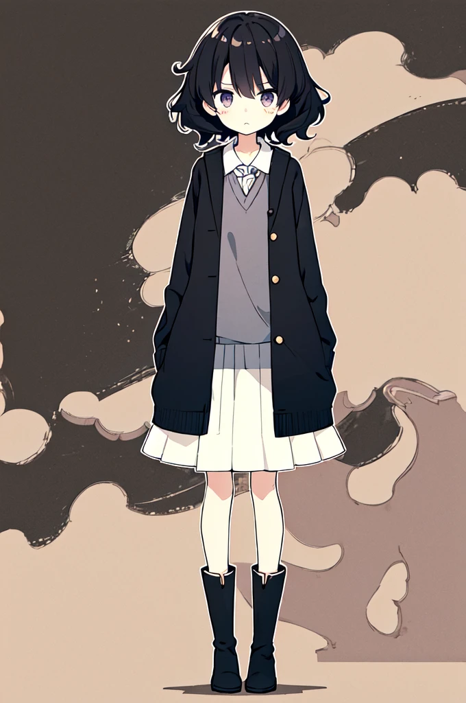 (masterpiece, best quality), 1girl, solo, , emaciated, small breast, kawaii, expressionless, black medium hair, messy hair, thin eyebows, black cardigan, long sleeves, plkirt, boots, full body, standing, looking at viewer, pattern background