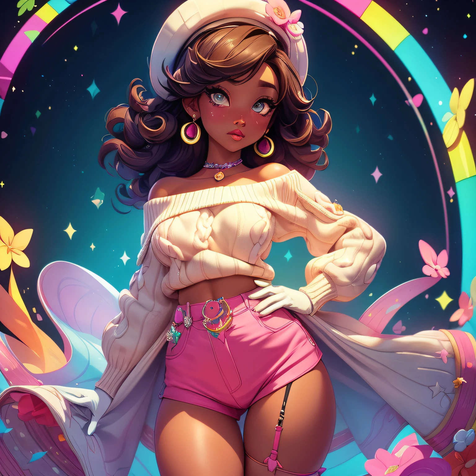 african goddess jiggly fat round belly voluptuous body, heterochromia eyes, really curly hair, dark skin, (nude), big boobasterpiece), best quality, extremely detailed, (watercolor), bloom, delicate and beautiful, illustration, (from below),(1girl:1.4), (solo:1.2), large breasts, (ribbed sweater:1.3), rainbow off-shoulder sweater, frills, ribbons, floral embroidery, neon rainbow stockings and long gloves, cute neon rainbow panties with embroidery, choker, wearing a neon rainbow garter belt, ripped costume, (short shorts:1.2), bare shoulders, (underboob:1.2), ((dark skin:0.8)), beautiful eyes, (disheveled hair ), photography, over-the-shoulder shot, by Alex Maleev, professional, canon camera, nikon camera, sharp, bokeh, studio quality, fisheye lens, by Robert Capa