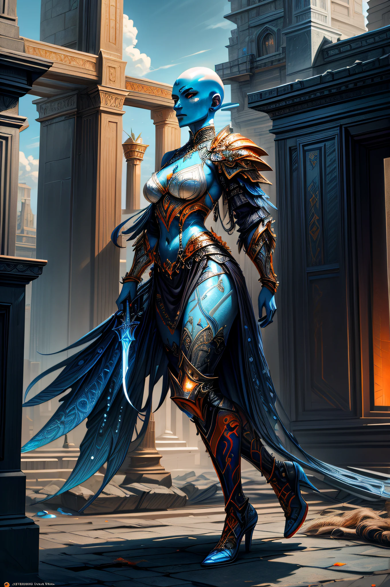 fantasy art, dnd art, RPG art, drkfntasy wide shot, (masterpiece:1.3), full body intense details, highly detailed, photorealistic, best quality, highres, portrait of a exotic race vedalken female (fantasy art, Masterpiece, best quality: 1.3) (blue colored skin: 1.3), intense details facial detail fantasy art, Masterpiece, best qualitGlowingRunes_palebluey)cleric, (blue colored skin: 1.3) 1person blue_skin, (bald head: 1.4), intense green eye, fantasy art, Masterpiece, best quality) armed a glowing sword , wearing heavy (white: 1.3) half plate mail armor LnF wearing high heeled laced boots, wearing an(orange :1.3) cloak within fantasy temple background and sun and clouds, reflection light, high details, best quality, 16k, [ultra detailed], masterpiece, best quality, (extremely detailed), dynamic angle, ultra wide shot, photorealistic, RAW, fantasy art, dnd art, fantasy art, realistic art
