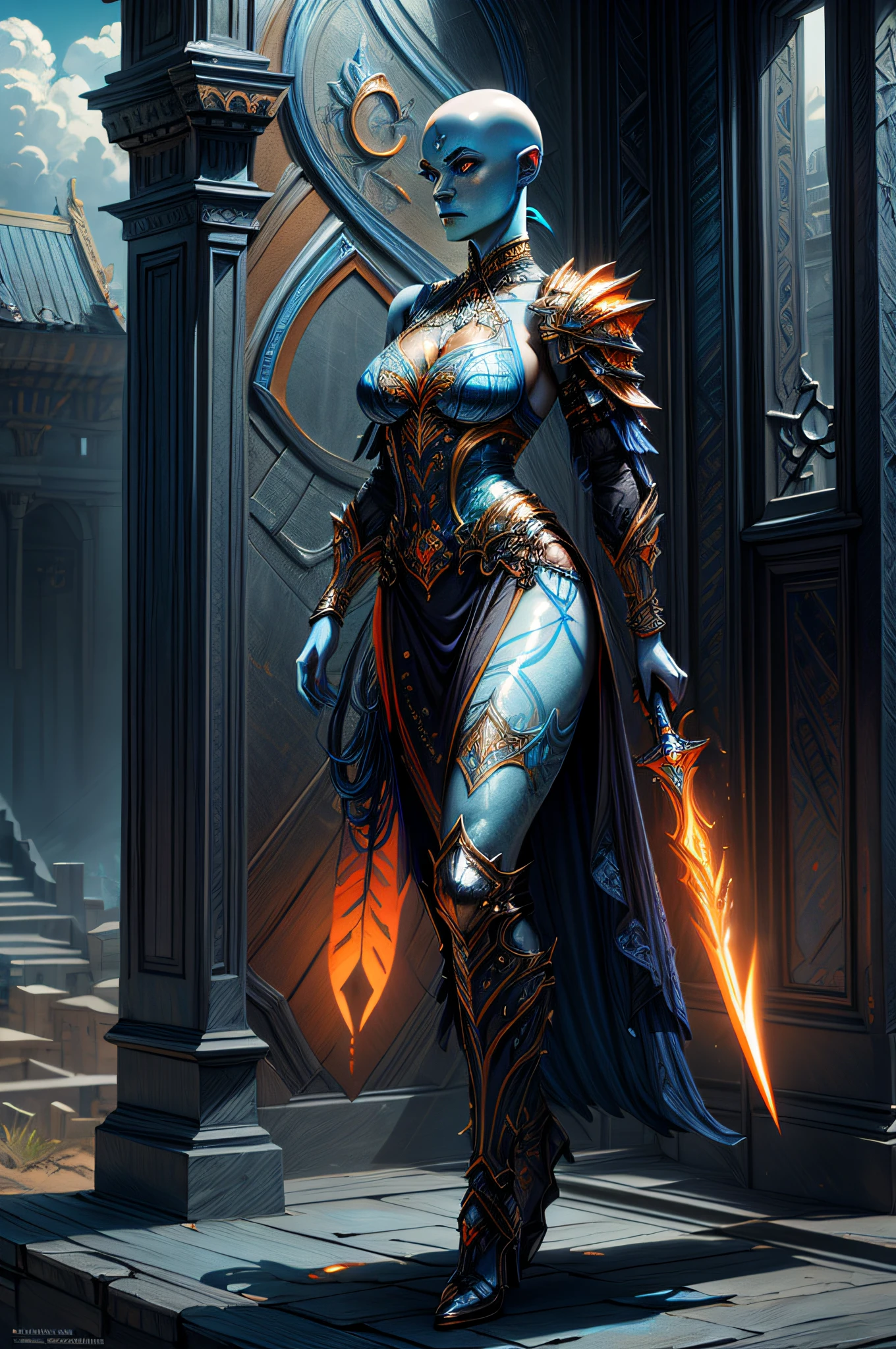 fantasy art, dnd art, RPG art, drkfntasy wide shot, (masterpiece:1.3), full body intense details, highly detailed, photorealistic, best quality, highres, portrait of a exotic race vedalken female (fantasy art, Masterpiece, best quality: 1.3) (blue colored skin: 1.3), intense details facial detail fantasy art, Masterpiece, best qualitGlowingRunes_palebluey)cleric, (blue colored skin: 1.3) 1person blue_skin, (bald head: 1.4), intense green eye, fantasy art, Masterpiece, best quality) armed a glowing sword , wearing heavy (white: 1.3) half plate mail armor LnF wearing high heeled laced boots, wearing an(orange :1.3) cloak within fantasy temple background and sun and clouds, reflection light, high details, best quality, 16k, [ultra detailed], masterpiece, best quality, (extremely detailed), dynamic angle, ultra wide shot, photorealistic, RAW, fantasy art, dnd art, fantasy art, realistic art
