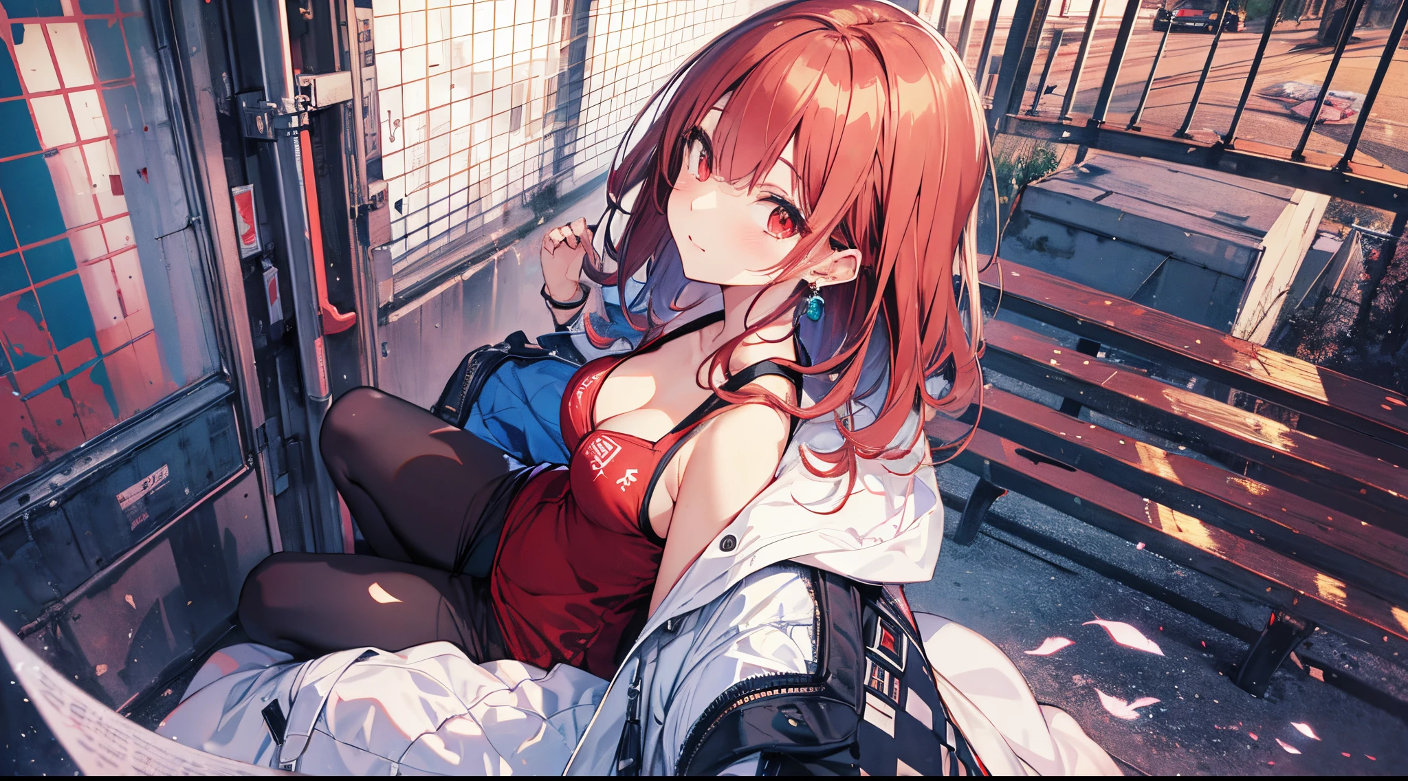 ((tmasterpiece:1.4, Best quality at best))+, (hyper-detailing)+, (exquisite red eye:1.5)+, (Detailed ears:1.5), (cute girls), (White undershirt,black long pants:1.5), Tight black silk, Very long hair, (Red Odachi:1.2), pale-skinned, (red cloth:1.5), (cloth shoes:1.4), 废墟, Sitting on a park bench,eye glass, gold earring, dense fog, Knife light effects,delicate legs, (Wanderers:1.1), (dawn light:1.2), ), (closeup cleavage:1.1), the only person, Hairbell, Red hair, hair covering one eye, V-shaped eyebrows, Gloom (expressed), from back, from the above, Best quality at best, A high resolution, high detal, high high quality, 16k