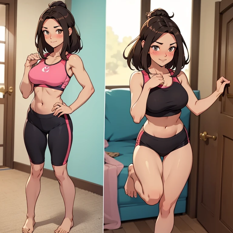 A fullbody image of a beautiful barefoot  happy blushing brunette woman wearing short workout clothes.