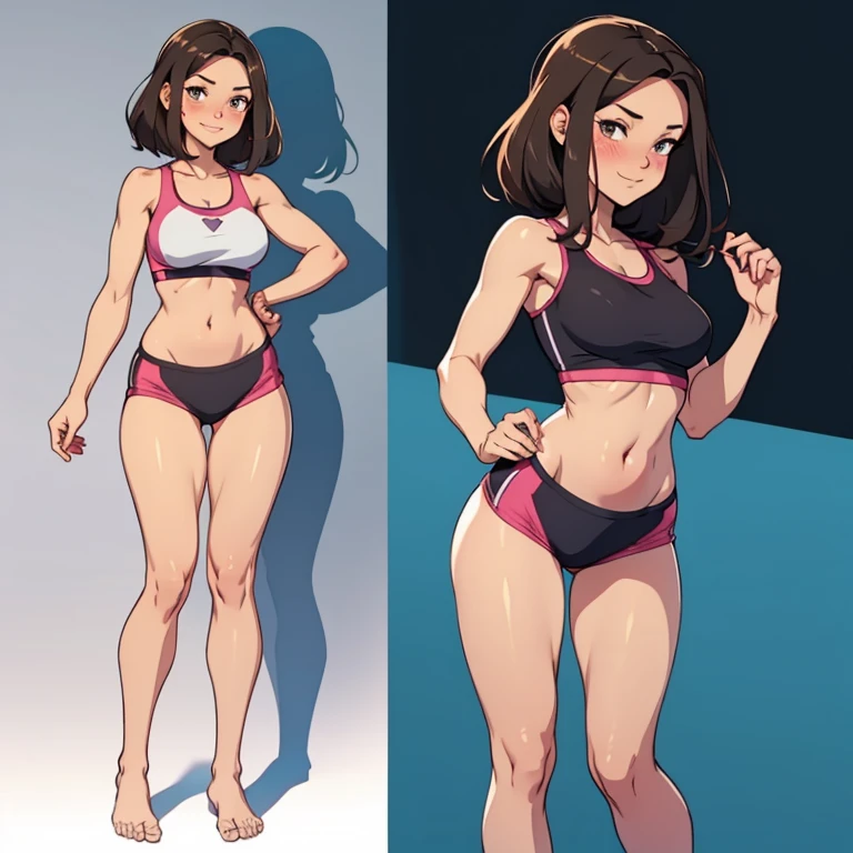 A fullbody image of a beautiful barefoot  happy blushing brunette woman wearing short workout clothes.