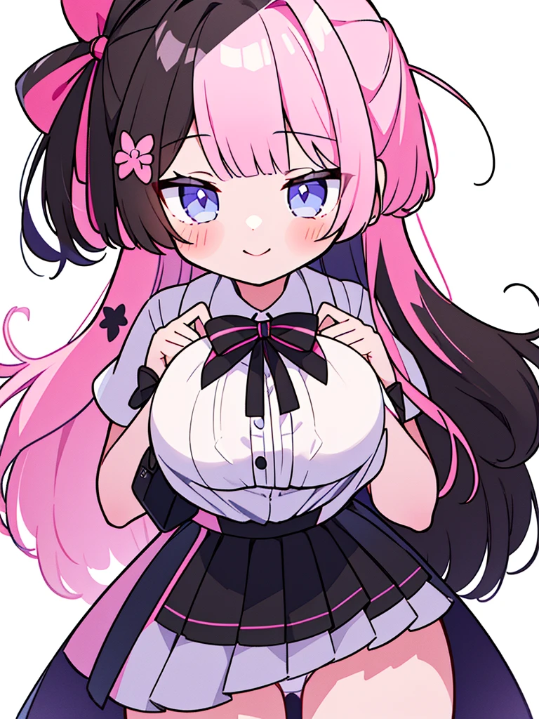 TachibanaHinano, Long hair, (split-colored hair, Black hair, Pink hair:1.3), Blue eyes, bow ribbon , White shirt, (Black bra), Pleated skirt, Miniskirt, (Best Quality, 8K, 32K, masutepiece, nffsw:1.3), 1girl in, (Abs, Slender figure, Perfect body :1.2), ((Very detailed)), (Perfectly detailed face), (Highly detailed hands), Smile, blush, White panty,up skirt,Lace panties, Girl seen from the floor, It's okay to wear a skirt, View from below, I can see my panties, hands on own chest, Large breasts, White background,