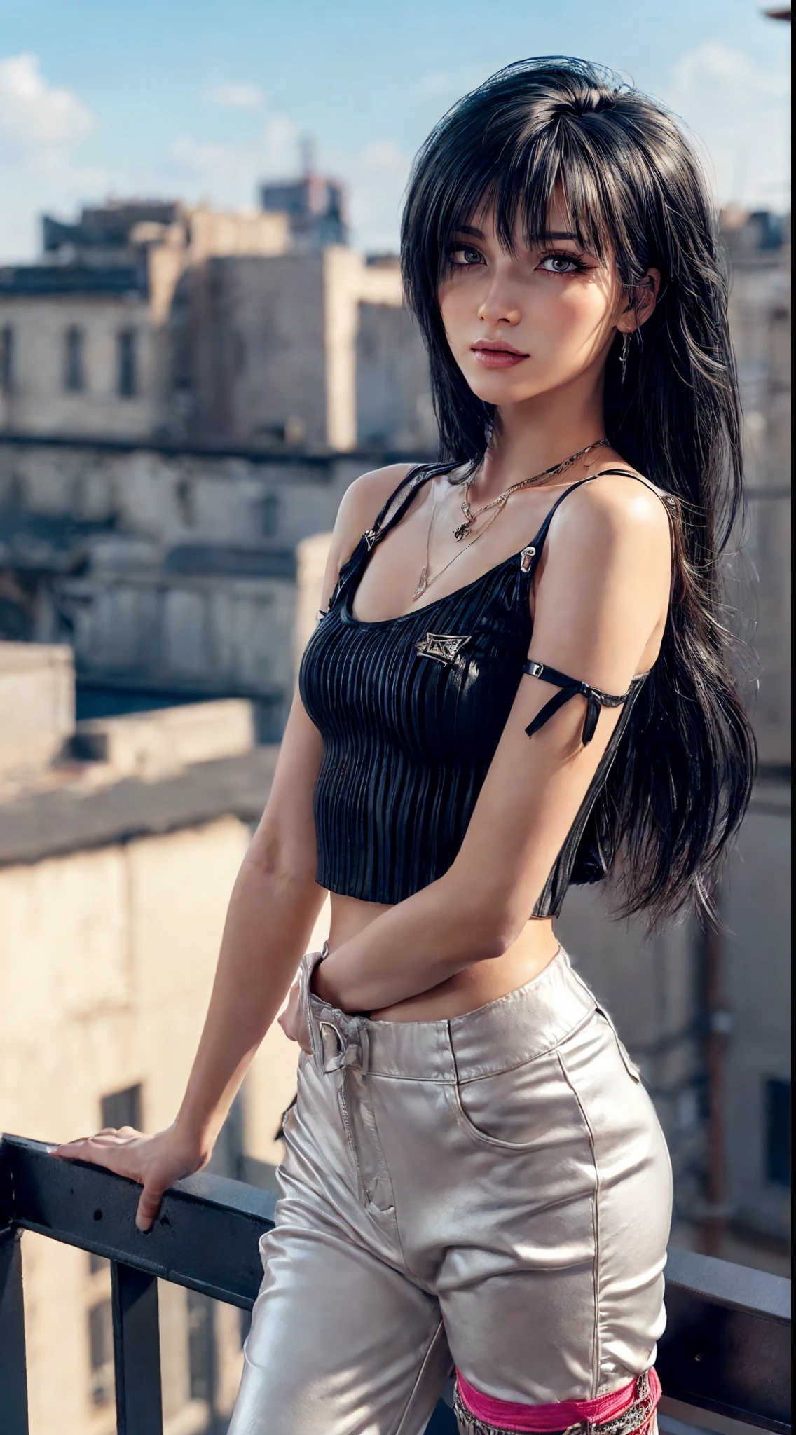 (Ultra-detailed eyes), (((textile shading))), (((Best Quality))), (((materpiece))), (((Ultra-detailed CG))), sassy girl, (((magical little girl))), (Petite), (tiny chest), black long hair, black long hair, black long hair, with bangs ((rock chic punk hair style, long hair, gorgeous hair)), Pink eyes, (((rock chick, punk, riot girl, y2k))), ((striking a pose)), (((Game CG)) (gorgeous, sassy, it girl), fancy jewelry, on a rooftop, Halterneck Leather Crop Top, Ruched Layer Top, cargo Pants, atmosphere,4K, strong rooftop atmosphere, cowboy shot, midshot, centered image, eye on camera, daylight, look at the viewer