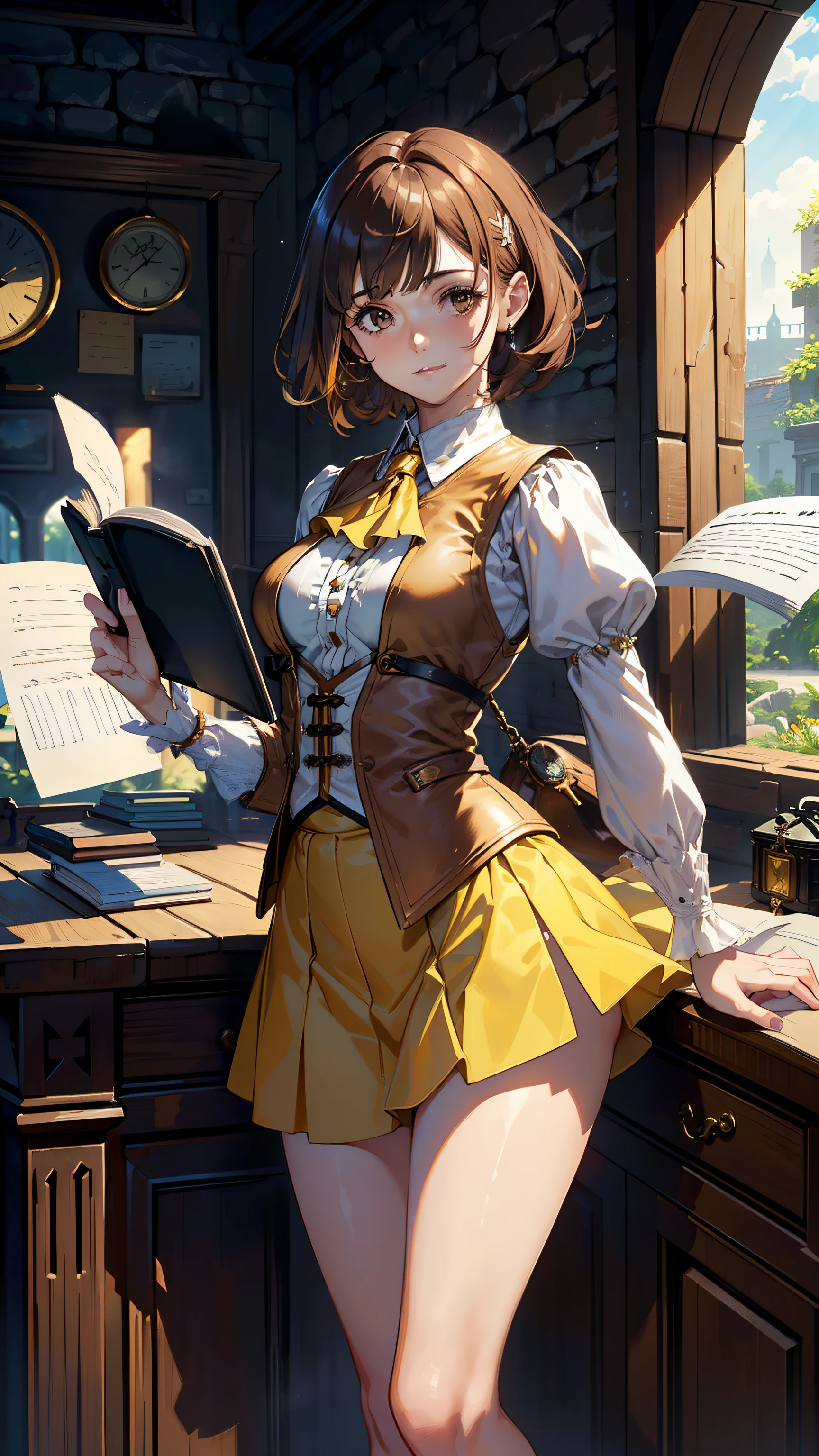 masutepiece, ultra-detailliert, 8K Portrait, Raw photo, a portrait photo of, Full body, Highly detailed face, ((Fantasy)), Young beautiful, 27yo, Smile, ((((receptionist))), Standing, (((Light brown short bob hair))) Fluttering in the wind, Blunt bangs, ocher long puffy sleeve clothes, Yellow waistcoat, Short skirt, ((notebook in hand)), the morning sun, Hyper realistic, Body model, Small breasts, Beautiful breasts, Long legs, In the Adventurer's Guild of the Middle Ages, Ambient lighting, Shadow details , Camera focus on face, strong breeze, Light fog