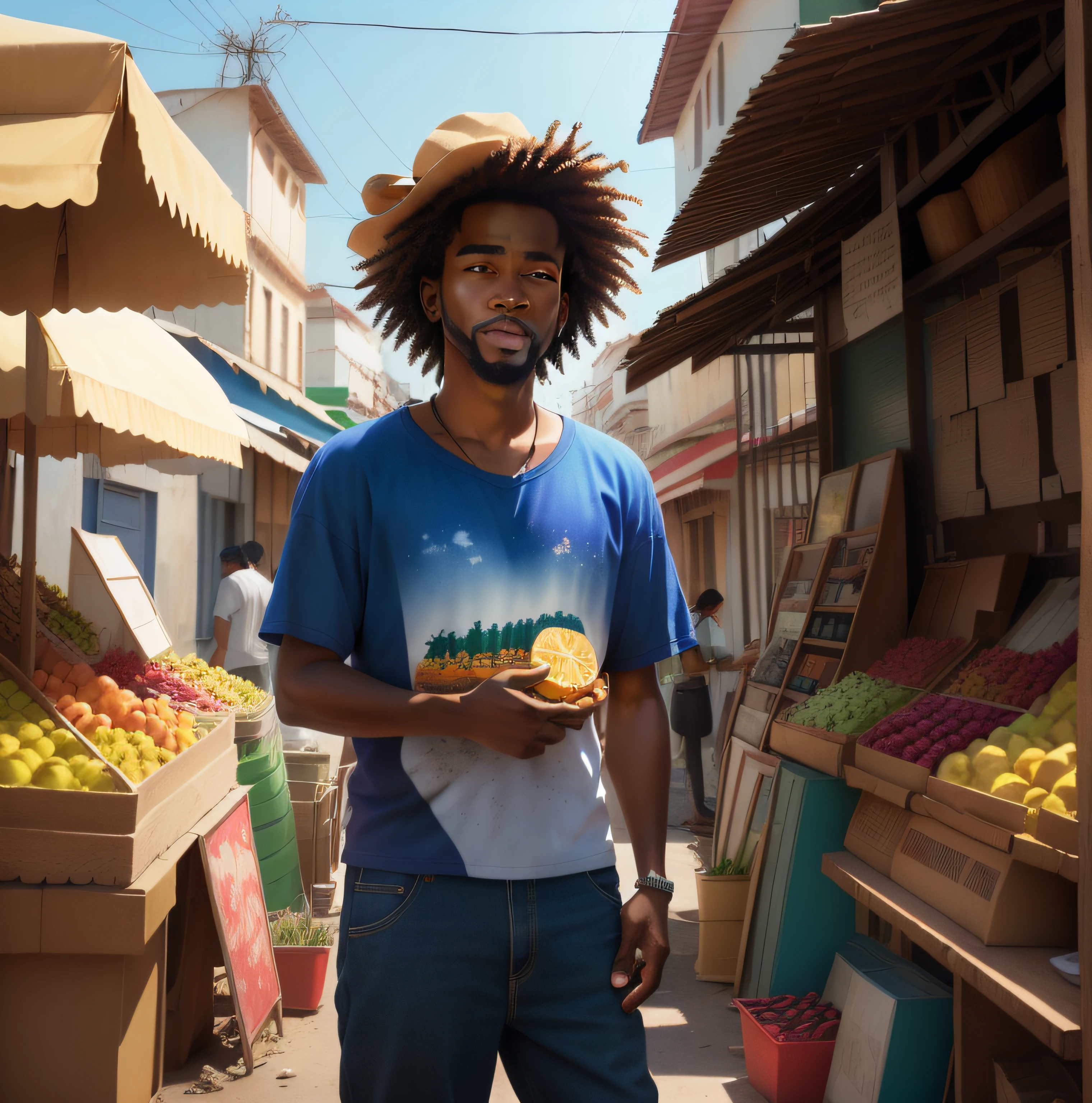 there is a man standing in front of a fruit stand, Arte de fundo, arte renderizada, Directed by: Willian Murai, epic 3 d omolu, vendedor de salsa, exploitable image, Directed by: Camilo Mori, Alimentos comerciais 4K, Directed by: Luis Molinari, lindamente renderizado, renderizado em corona, Album art, animated film, arte tradicional, Directed by: Luis Miranda