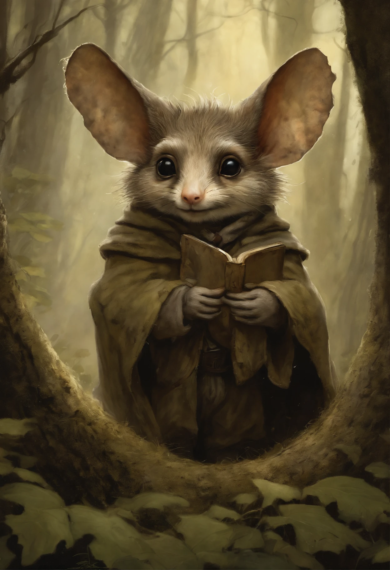 真实感, dark fantasy style, John Tolkien style, Small painting by Jean-Baptiste Monge, furry gremlin with big ears, jerboa-like, Dressed in a raincoat, looking out of the hole , woods, Big Oak, jean - baptiste monge, anthropomorphic --ar 2:3 --testp -optimistic;