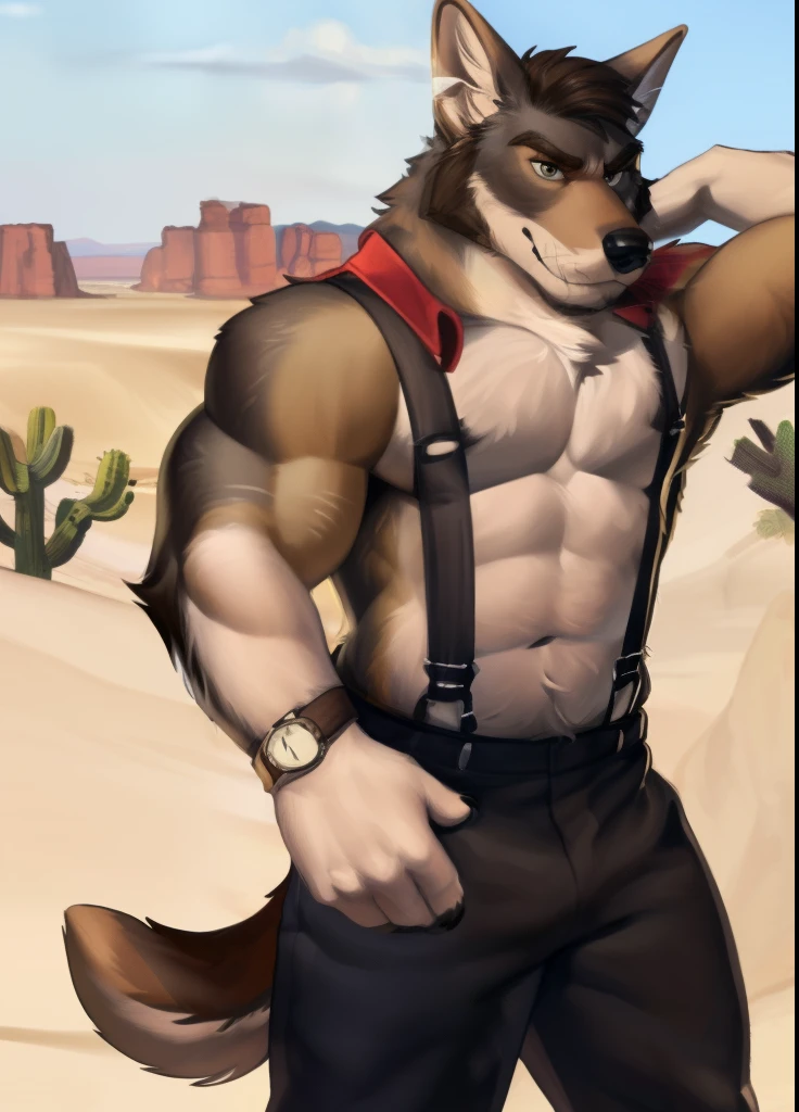 william adler, solo, mature male, bara, muscular male, wolf tail, (pose:1.3), (posing:1.3), (soft shading), 4k, hi res, ((detailed face, detailed eyes, detailed)), (full body), by zackarry911, by zaush, (by personalami:0.5), looking at viewer, 1boy, male focus, thighs, shirtless,  black nipples, (suspenders off:1.5), (unzipped pants:1.2), thick thighs, watch, wristwatch, smile, desert, cactus, wristwatch on left hand, arms behind head, (detailed underwear bulge revealed:1.2)