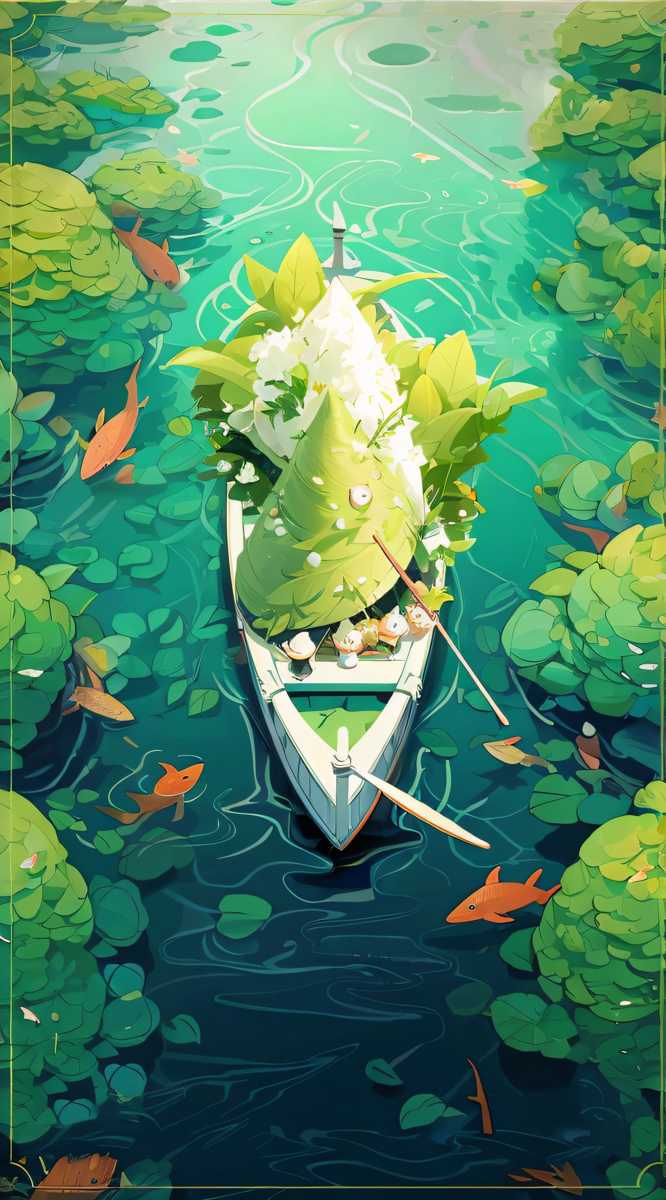 There  a ship，There  a cluster of leaves floating on it, A beautiful artistic illustration, serene illustration, beautiful digital illustration, dream-like. gondola boat, by Yu Zhiding, Beautiful illustration, makoto shinkai cyril rolando, very coherent stylized artwork, stunning digital illustration, Beautiful digital artwork, Poster illustration, dream illustration