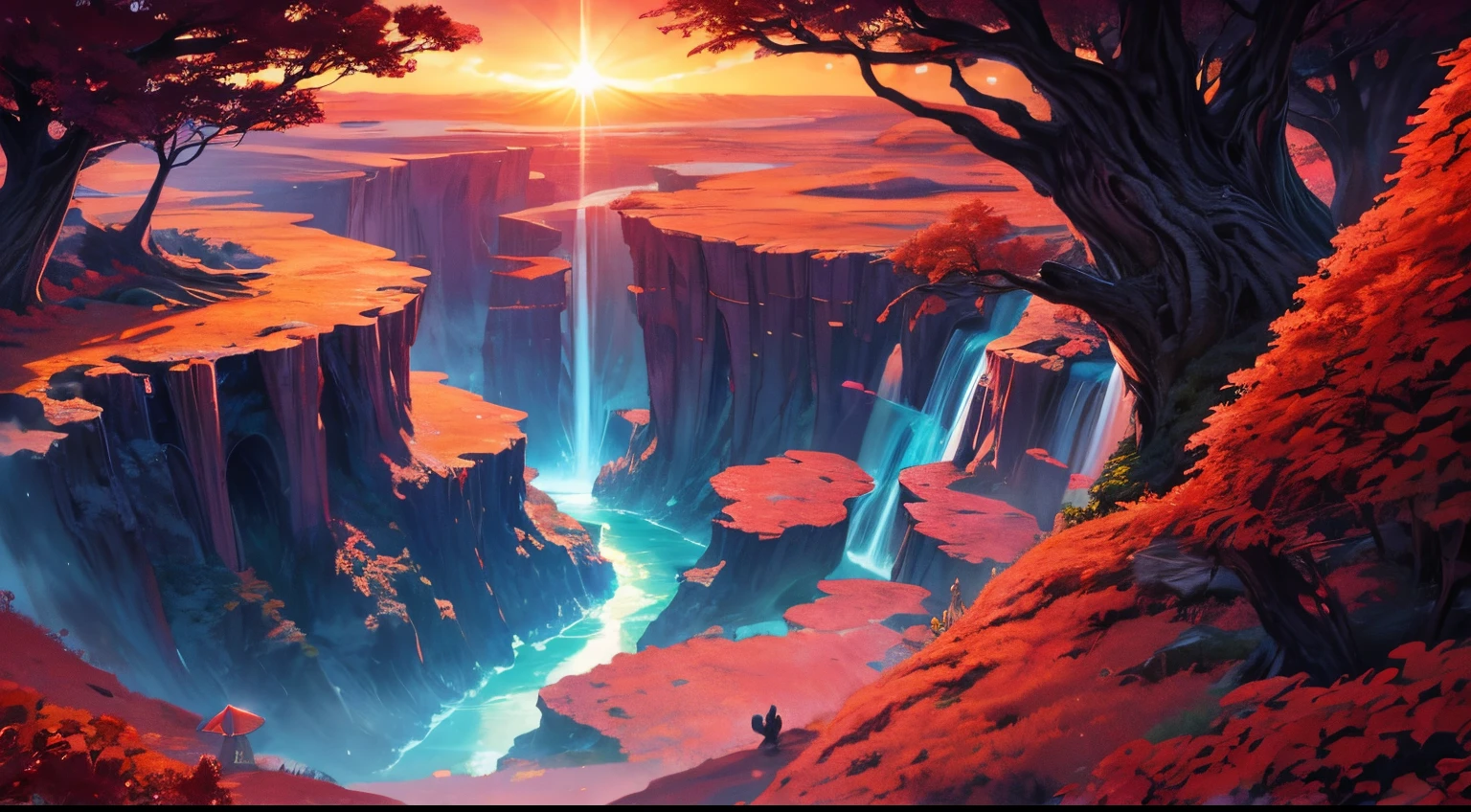 fantasy world red gradient sunset, Floating islands, space view of a comet, huge river and waterfalls, ancient tree ekdrasil, Flying Fairies, many green trees