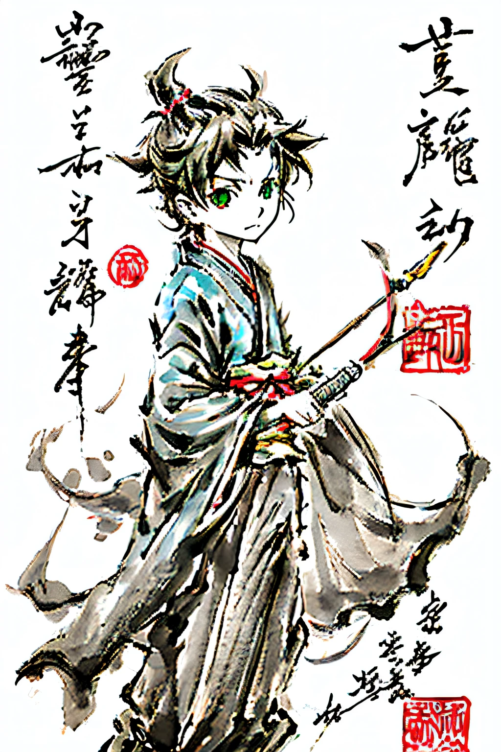 The children，Eight-year-old boy，short inky hair，Inky eyes，Wei Jin Hanfu，Light blue top，Full body vertical painting on dark green background